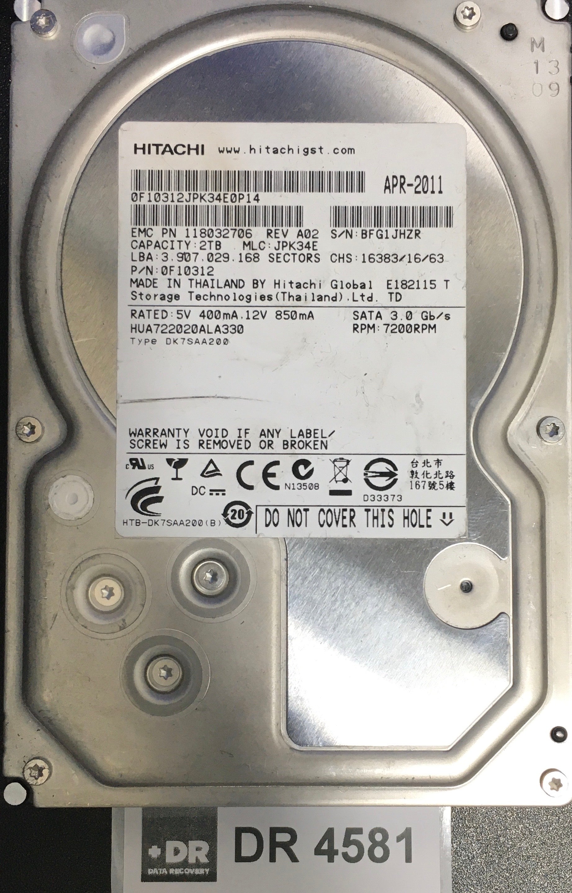 HUA722020ALA330,  P/N: 0F10312,  MLC: JPK34E,,  Serial: BFG1JHZR,  2000GB 3.5  PCB :110 0A90201- REV A