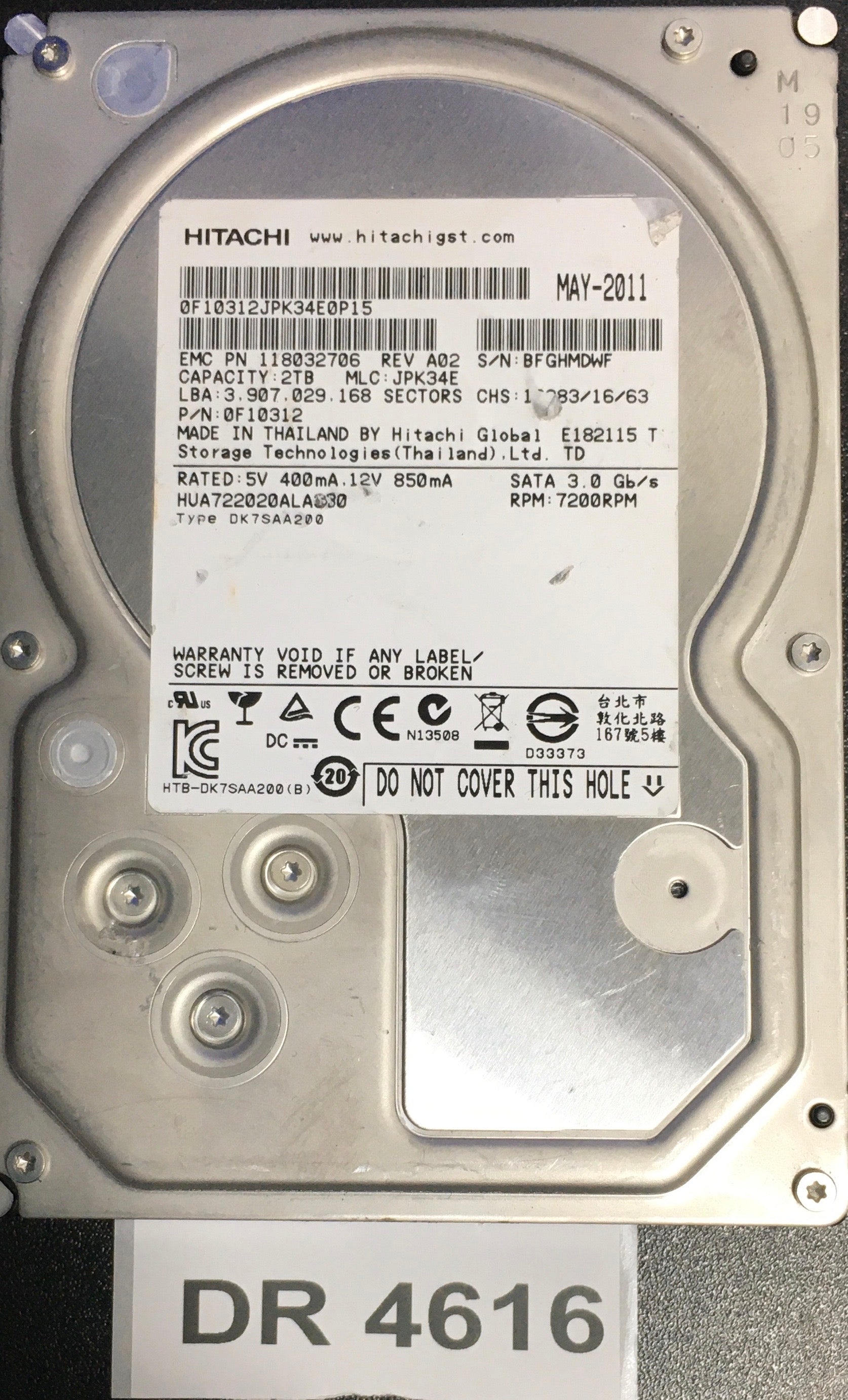HUA722020ALA330,  P/N: 0F10312,  MLC: JPK34E,  Serial: BFGHMDWF,  2000GB 3.5  PCB :110 0A90201 01