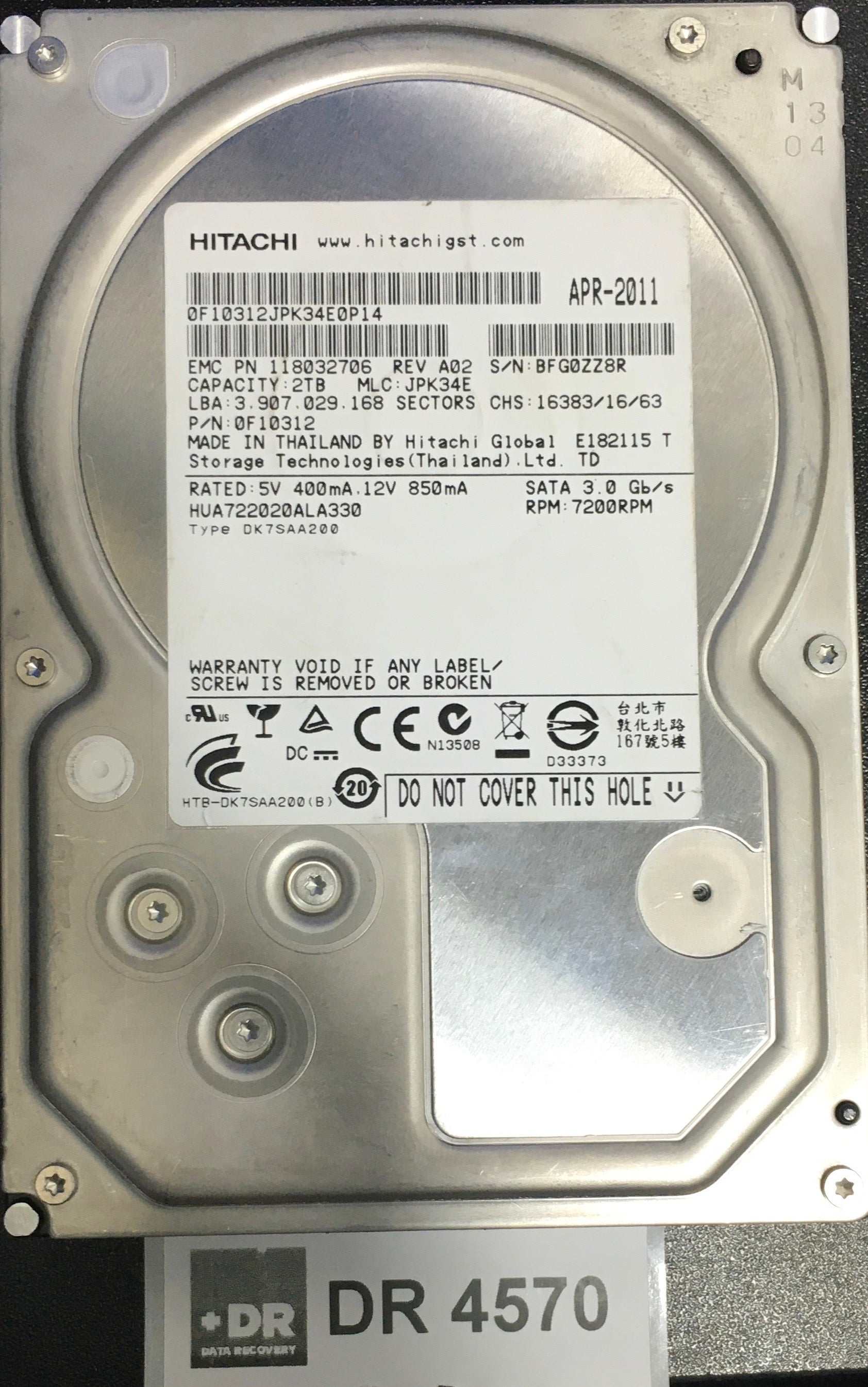 HUA722020ALA330,  P/N: 0F10312,  Serial: BFG0ZZ8R,  2000GB 3.5  110 0a90201 01 PCB