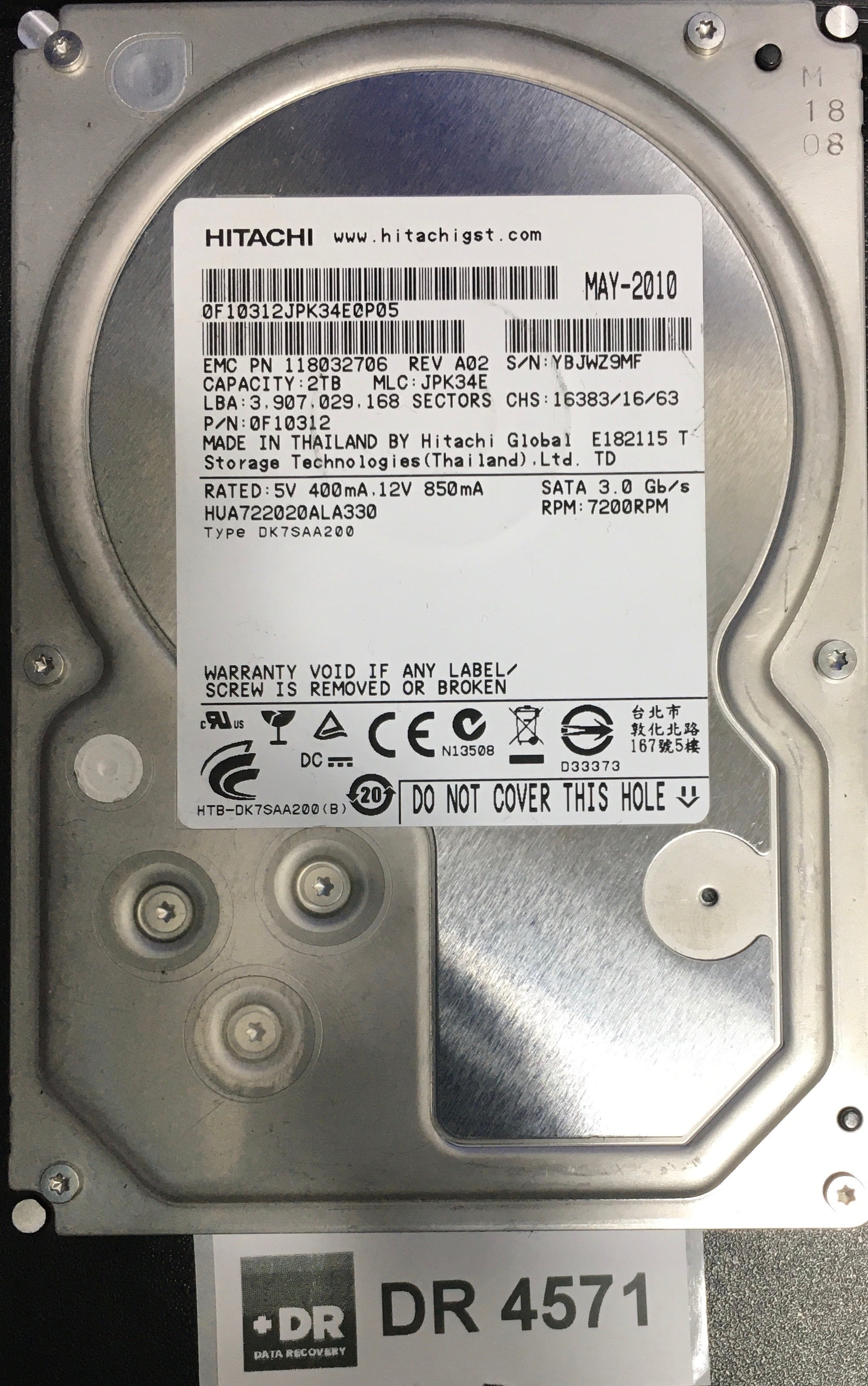 HUA722020ALA330,  P/N: 0F10312,  Serial: YBJWZ9MF,  2000GB 3.5  PCB 110 0A90201 01