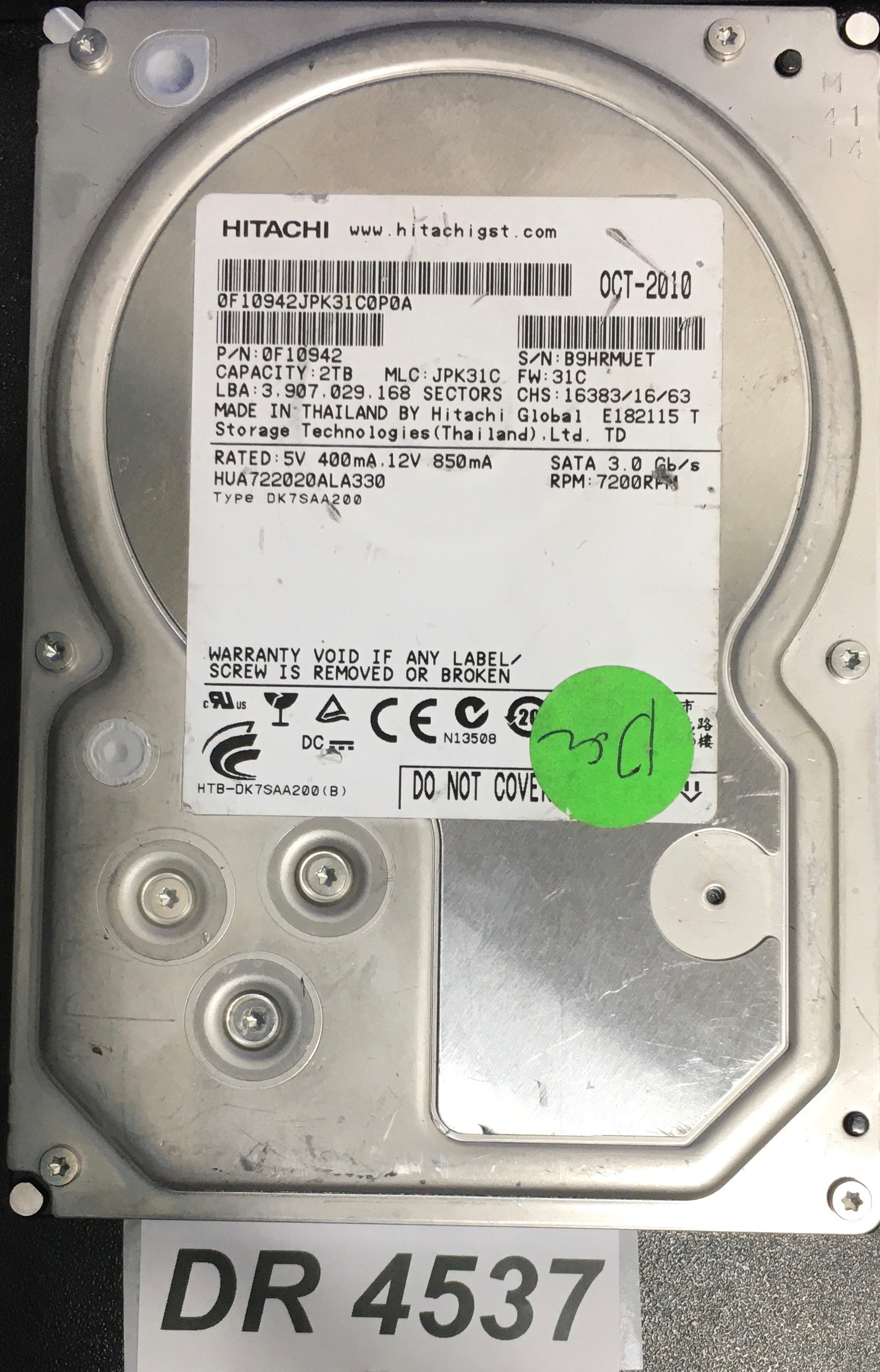 HUA722020ALA330,  P/N: 0F10942,  FW: 31C,  Serial: B9HRMUET,  2000GB 3.5  110 0a90201 01 PCB