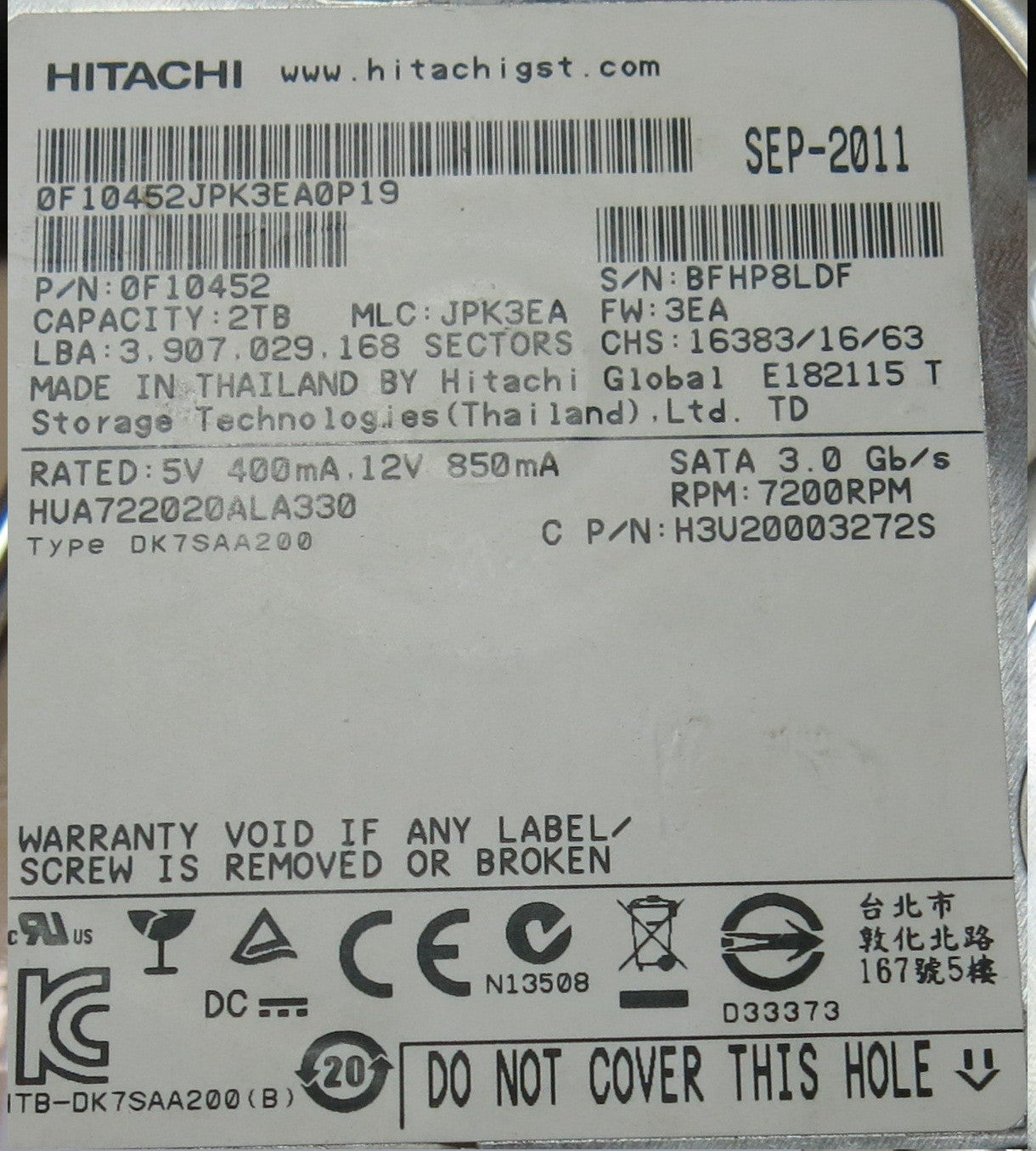 HUA722020ALA330 PN 0F10452 110 0A90201 PCB