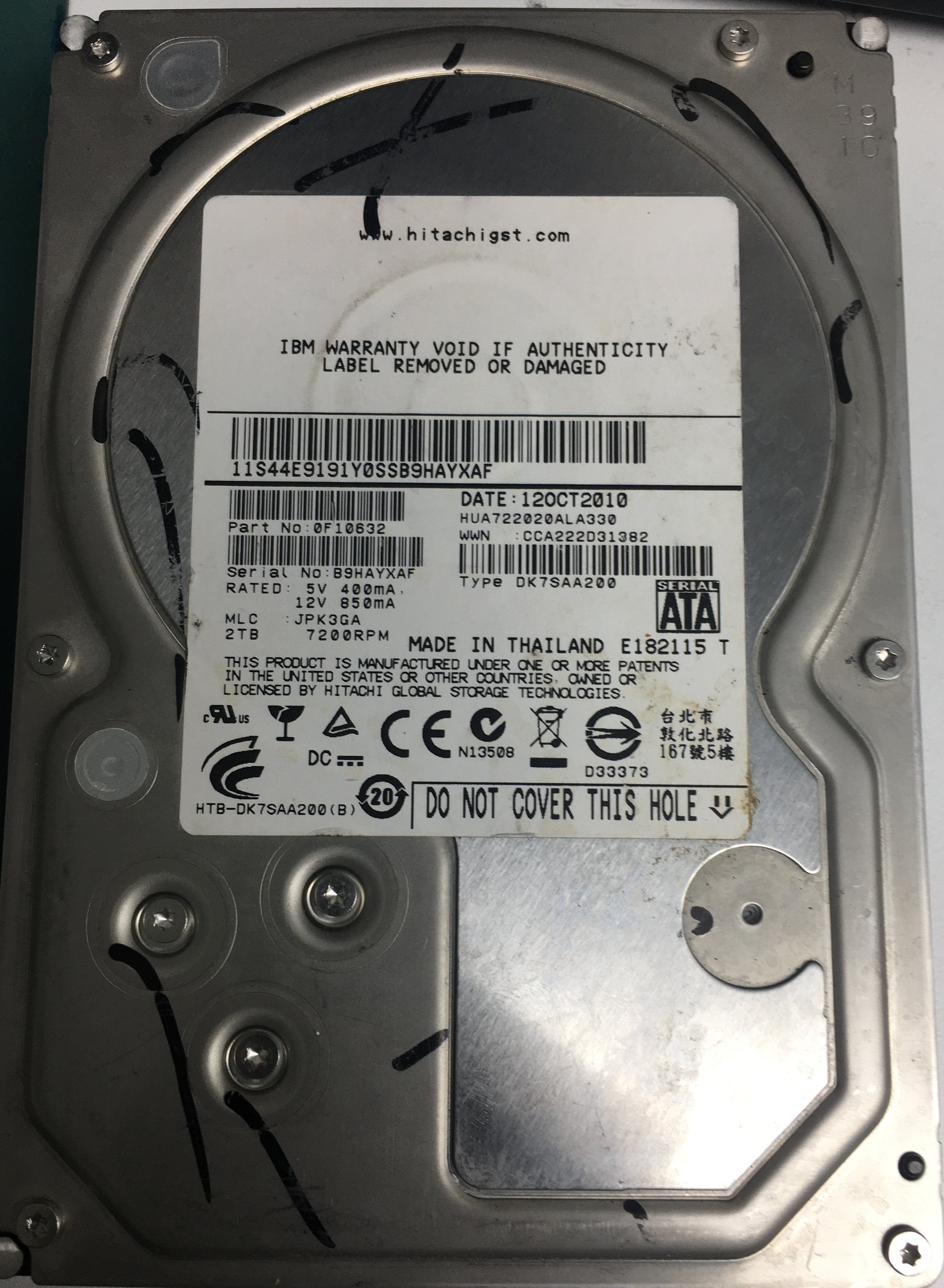 HUA722020ALA330, Serial Number: B9HAYXAF, P/N: 0F10632, MLC: JPK3GA, 2TB 3.5, PCB: 110 0A90201 01