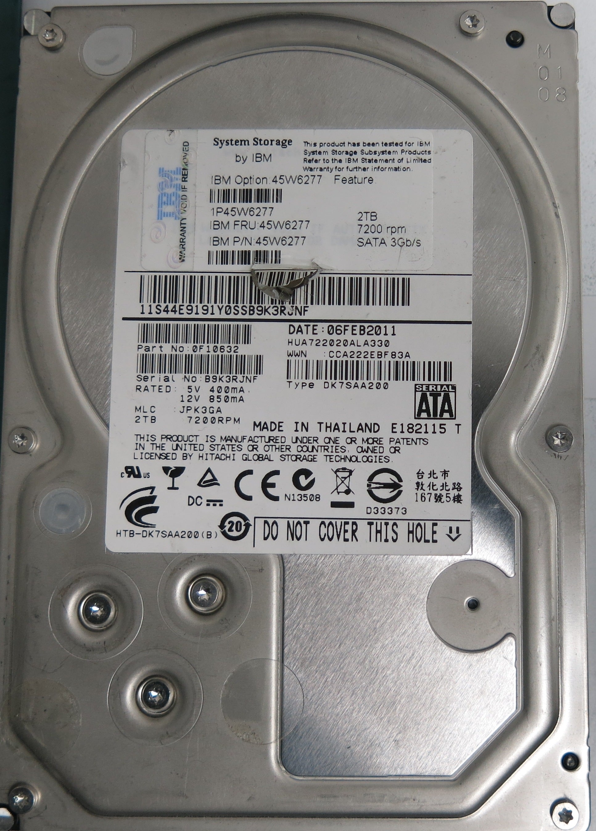 HUA722020ALA330, Serial Number: B9K3RJNF, P/N: 0F10632, MLC: JPK3GA, 2TB 3.5, PCB: 110 0A90201 01