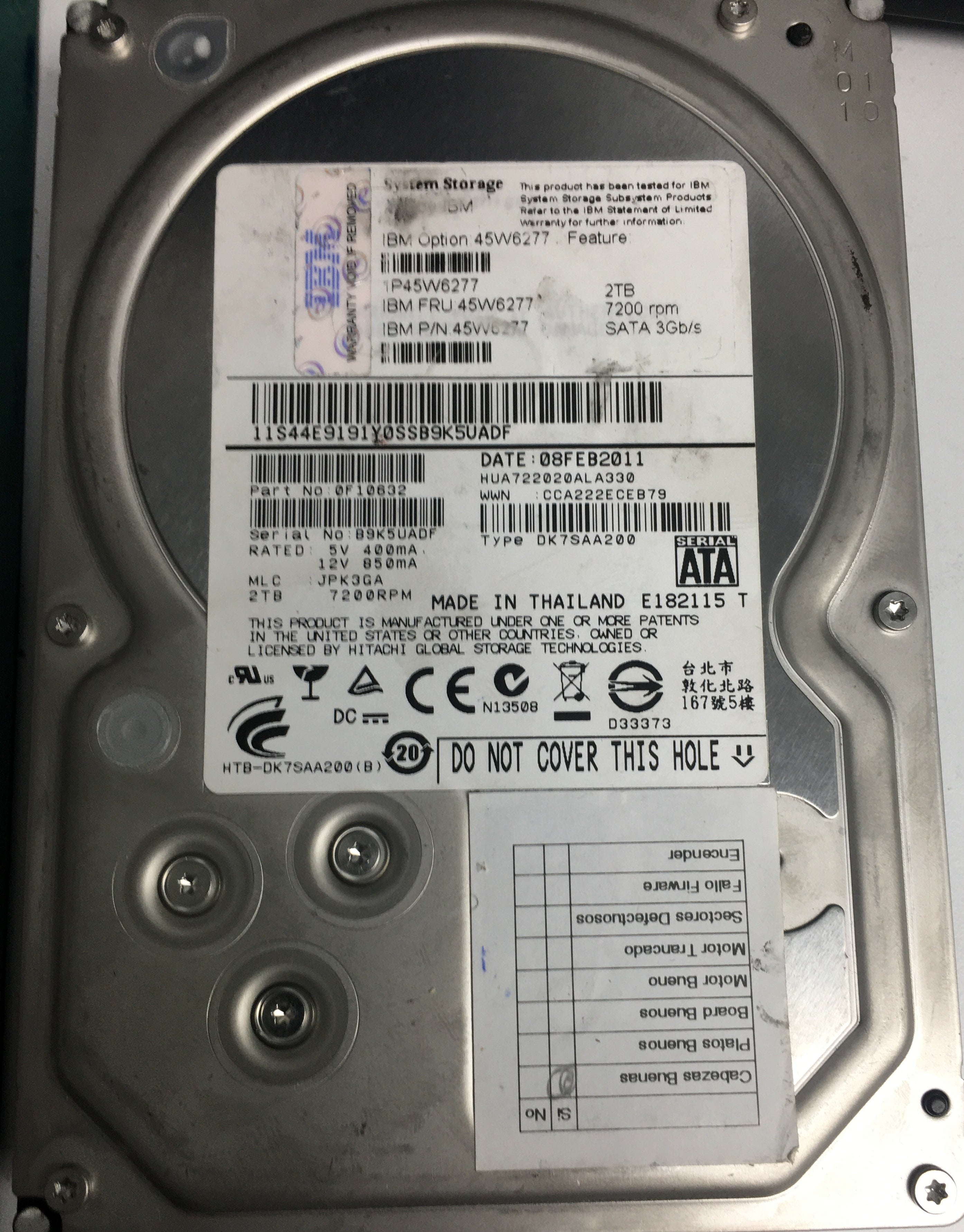 HUA722020ALA330, Serial Number: B9K5UADF, P/N: 0F0632, MLC: JPK3GA, 2TB 3.5, PCB: 110 0A90201 01