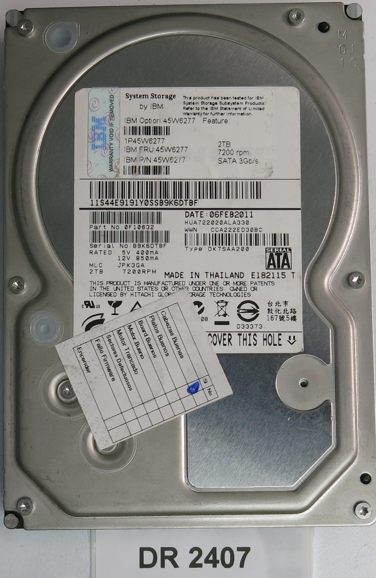 HUA722020ALA330, Serial Number: B9K6DTBF, MLC: JPK3GA, 2TB 3.5, PCB: 110 0A90201 01