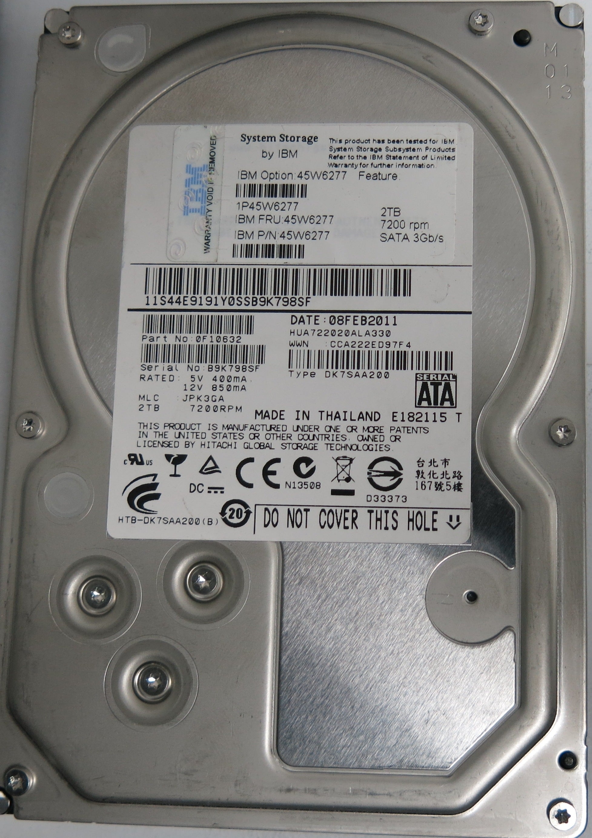 HUA722020ALA330, Serial Number: B9K798SF, P/N: 0F10632, MLC: JPK3GA, 2TB 3.5