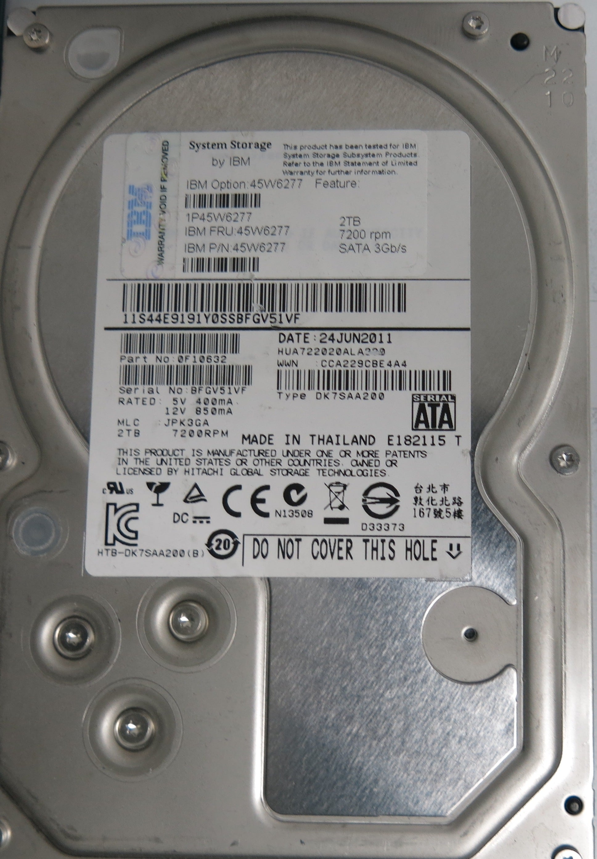 HUA722020ALA330, Serial Number: BFGV51VF, P/N: 0F10632, MLC: JPK3GA, 2TB 3.5, PCB: 110 0A30201 01