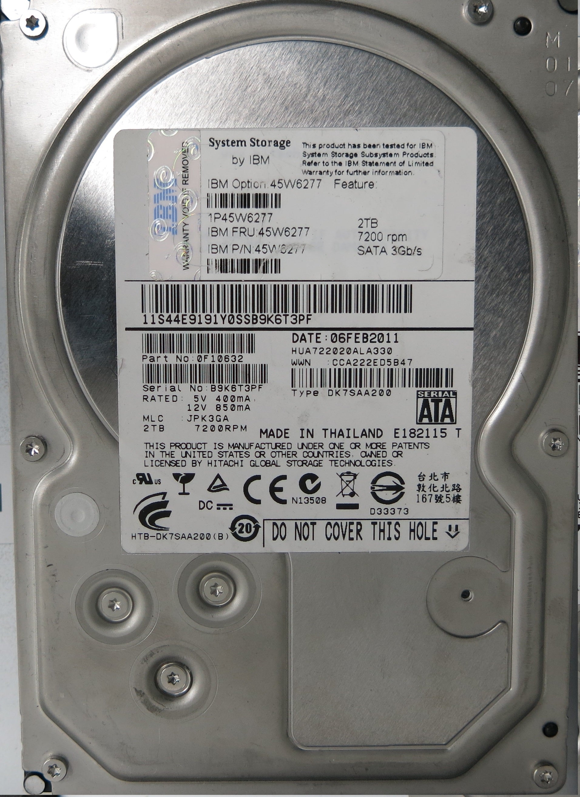 HUA722020ALA330,  SERIAL:B9K6T3PF,  P/N:0F10632,  PCB:110 0A90201 01