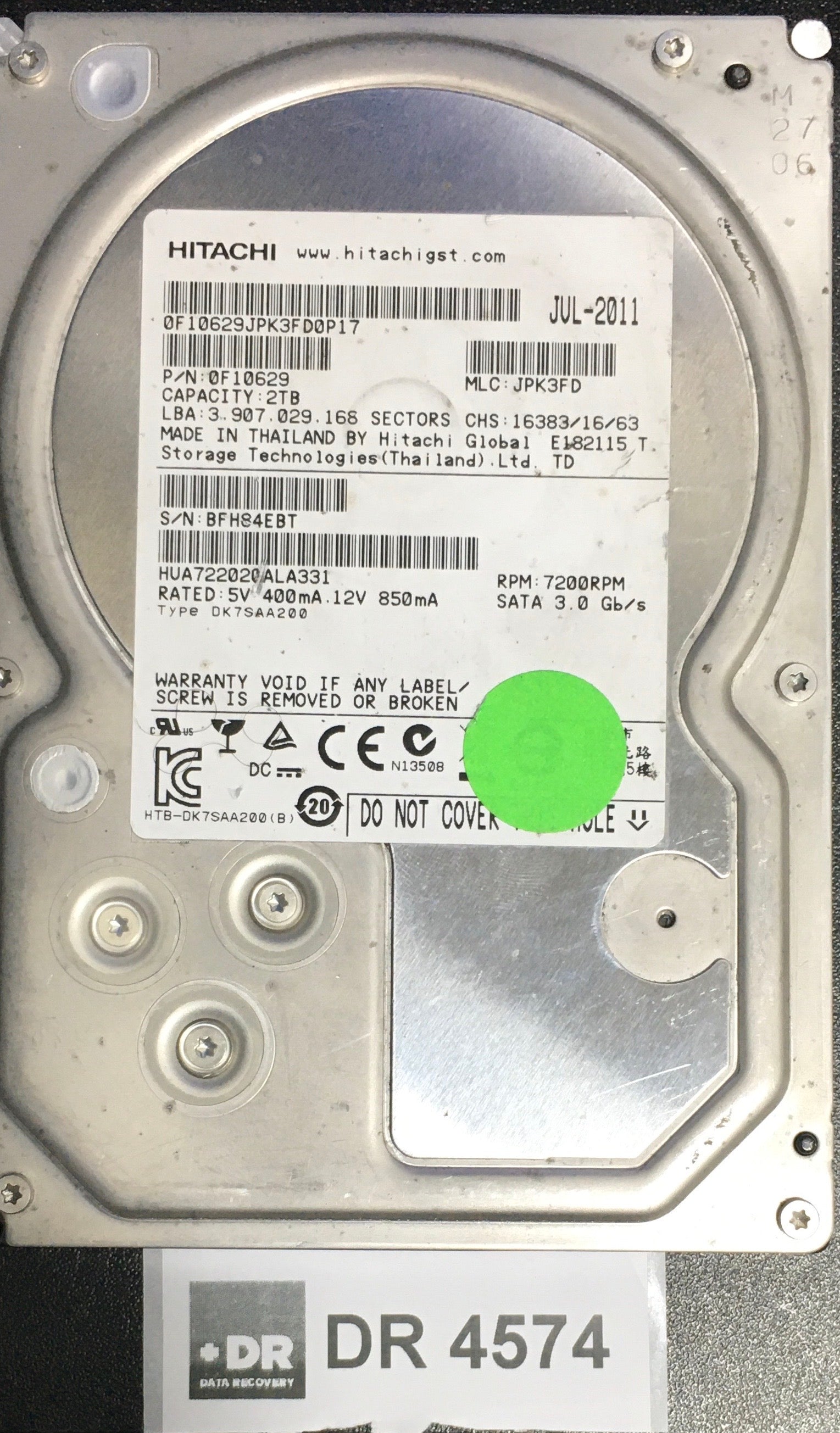 HUA722020ALA331,  MLC: JPK3FD,  Serial: BFH84EBT,  2000GB 3.5  110 0A90201 01-PCB