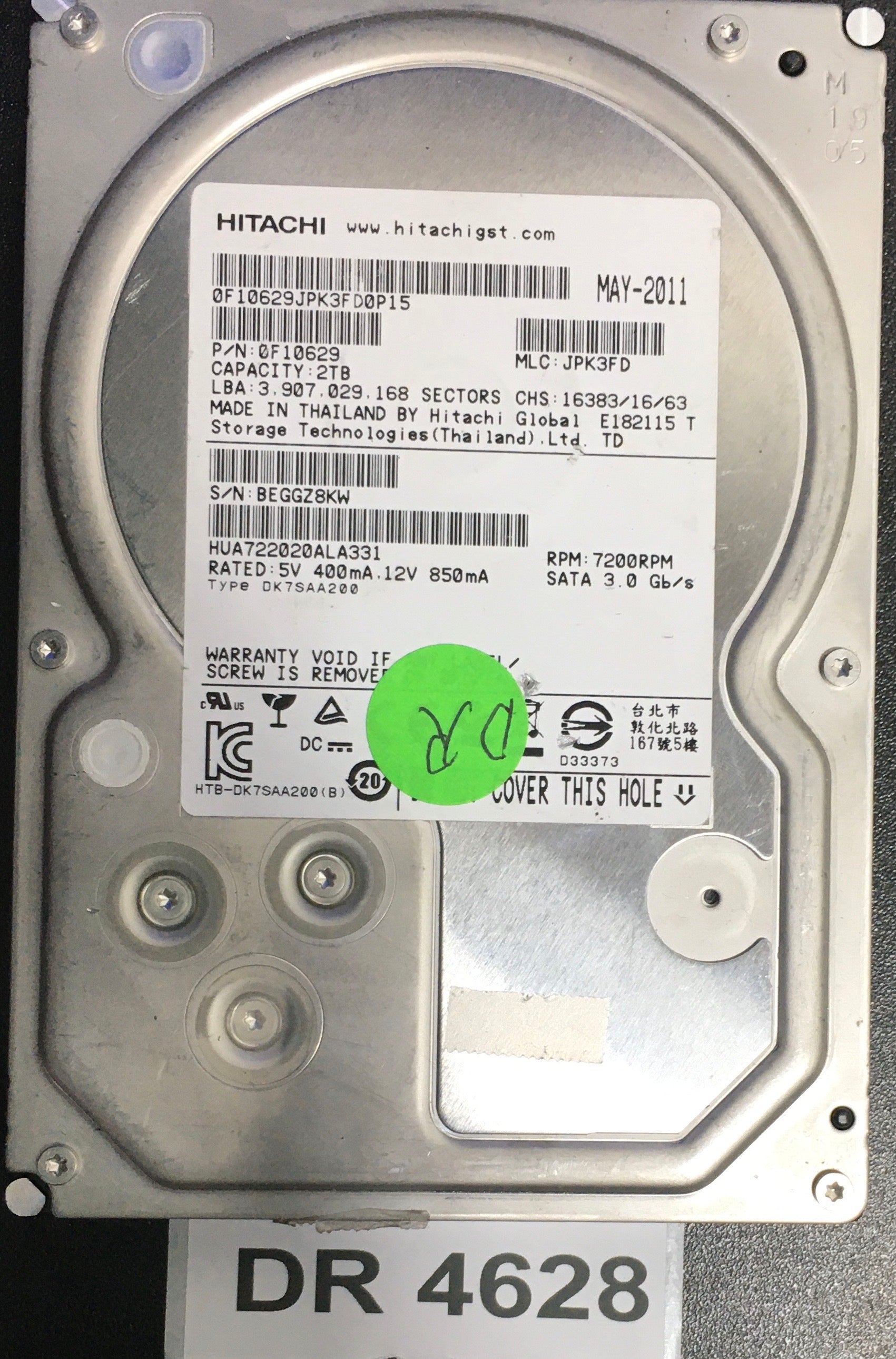 HUA722020ALA331,  P/N: 0F10629,  MLC: JPK3FD,  Serial: BEGGZ8KW,  2000GB 3.5  PCB : 110 0A90201 01,