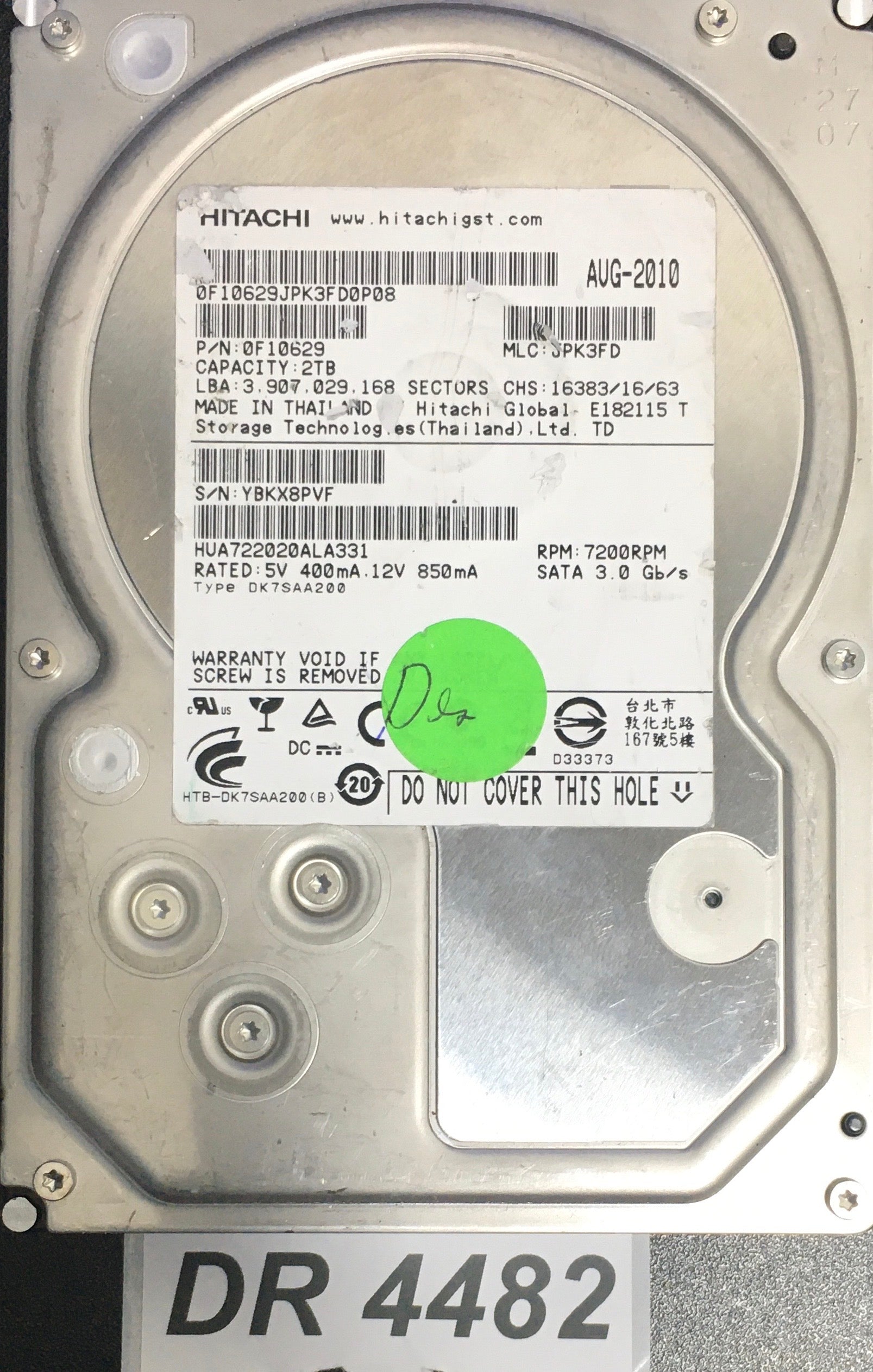 HUA722020ALA331  P/N:0F10629  Serial:YBKX8PVF  2000GB 3.5  PCB: 110 0A90201 01 REV A
