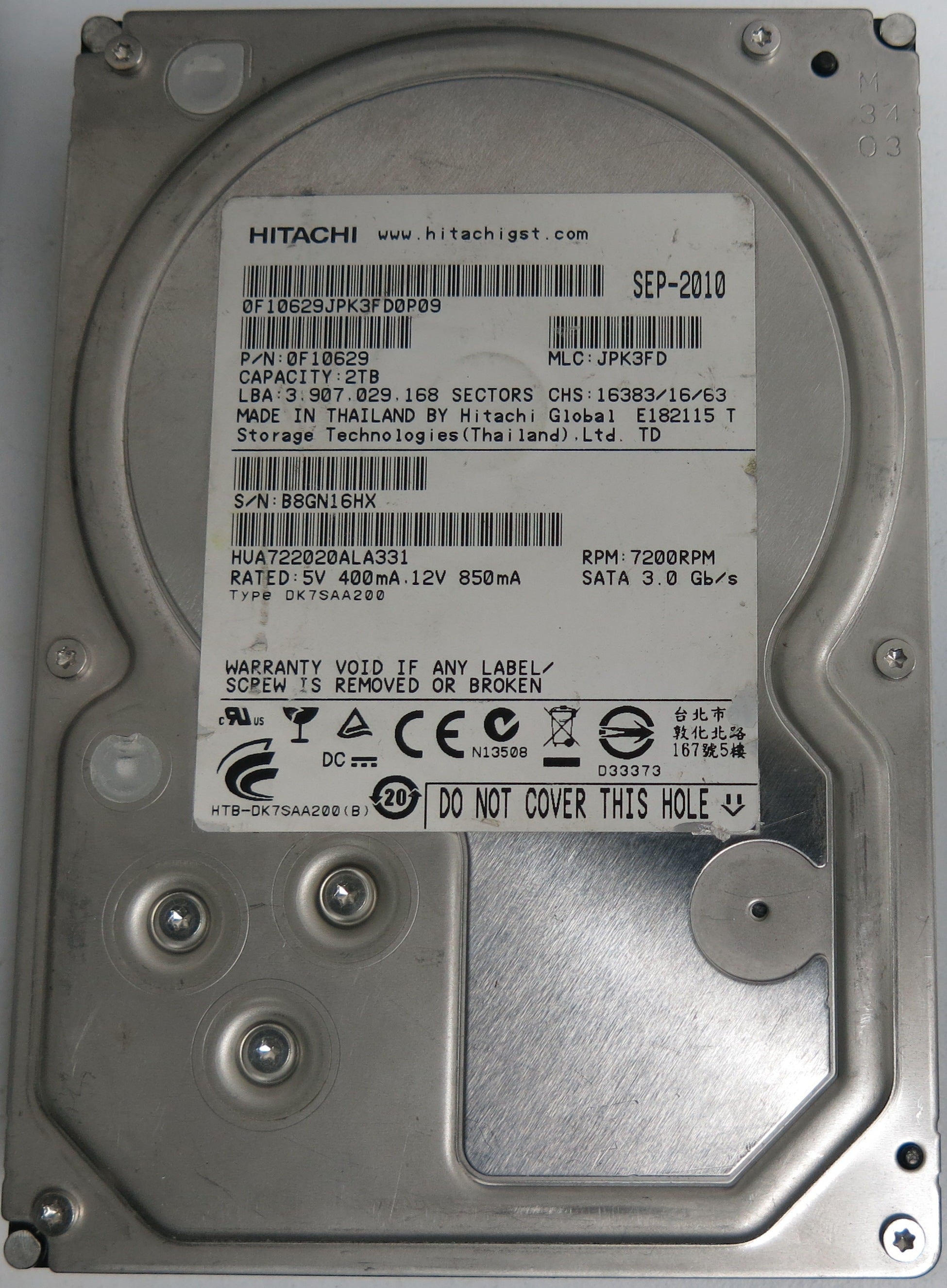 HUA722020ALA331, Serial Number: B8GN16HX, P/N: 0F0629, MLC: JPK3FD, 2TB 3.5