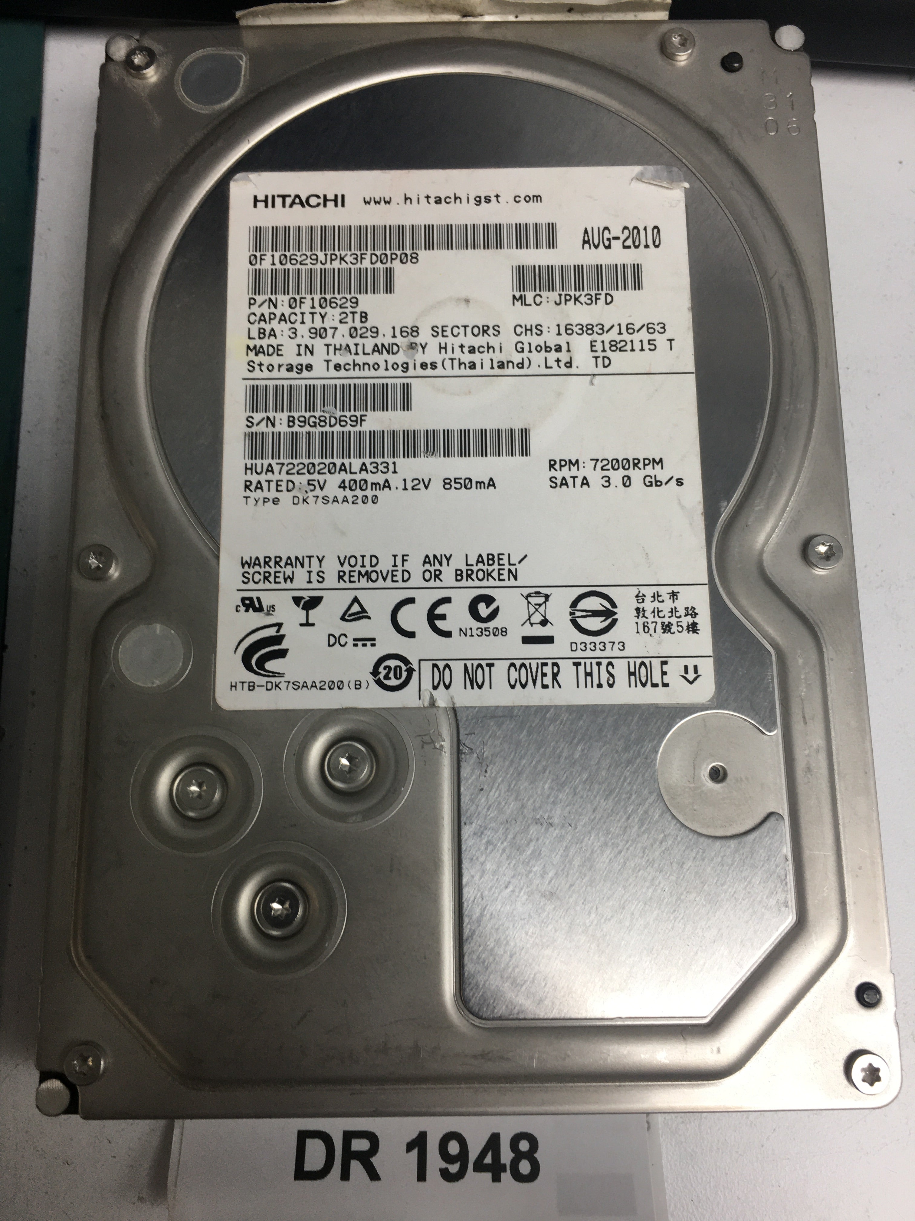 HUA722020ALA331, Serial Number: B9G8D69F, P/N: 0F10629, MLC: JPK3FD, 2TB 3.5, PCB: 110 0A90201 01