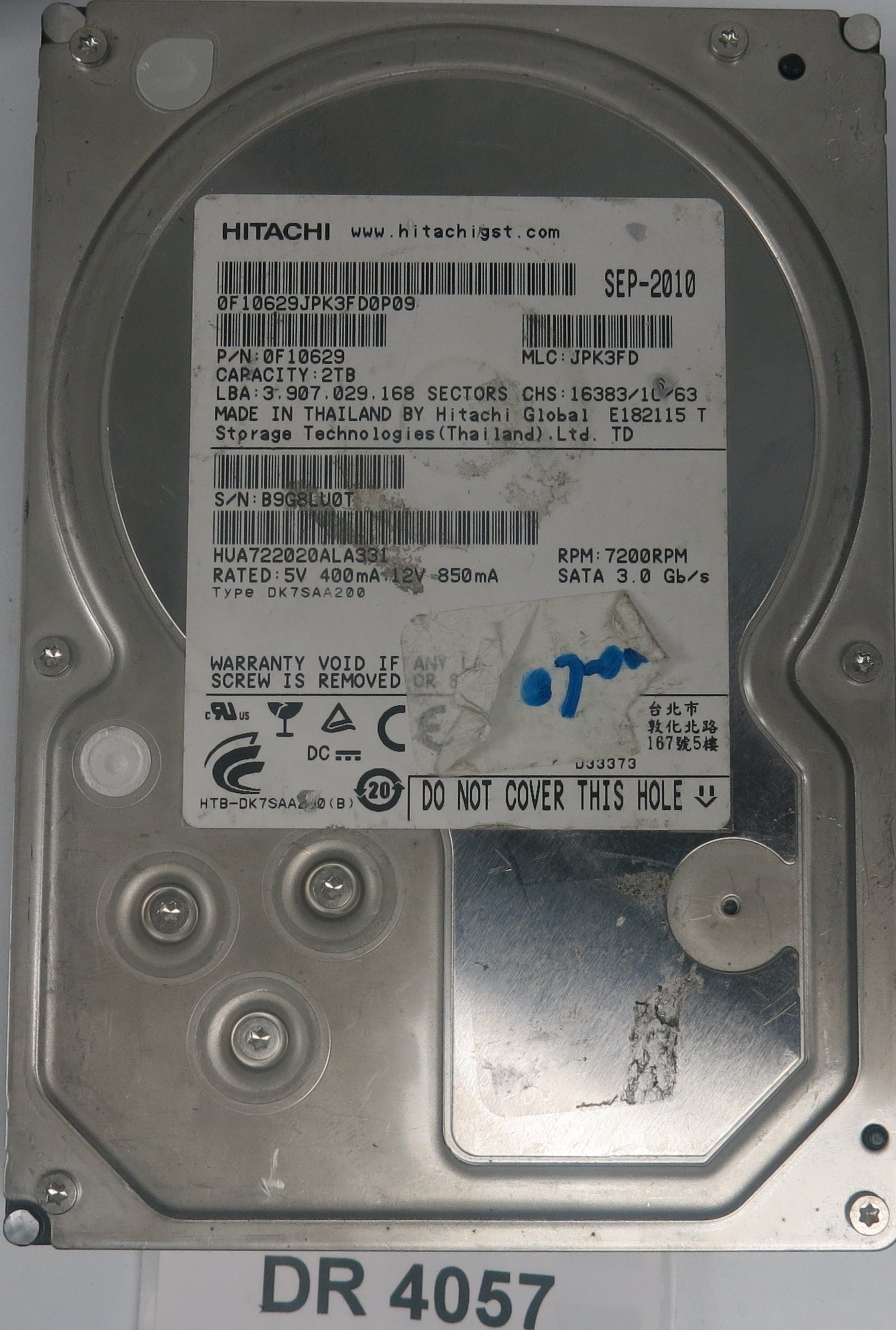 HUA722020ALA331, Serial Number: B9G8LU0T, P/N: 0F10629, MLC: JPK3FD, 2TB 3.5, PCB: 110 0A90201 01
