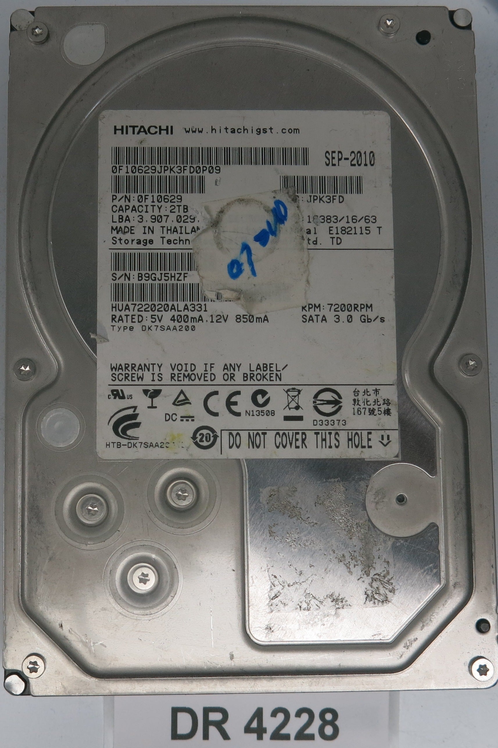 HUA722020ALA331, Serial Number: B9GJ5HZF, P/N: 0F10629, MLC: JPK3FD, 2TB 3.5, PCB: 110 0A90201 01