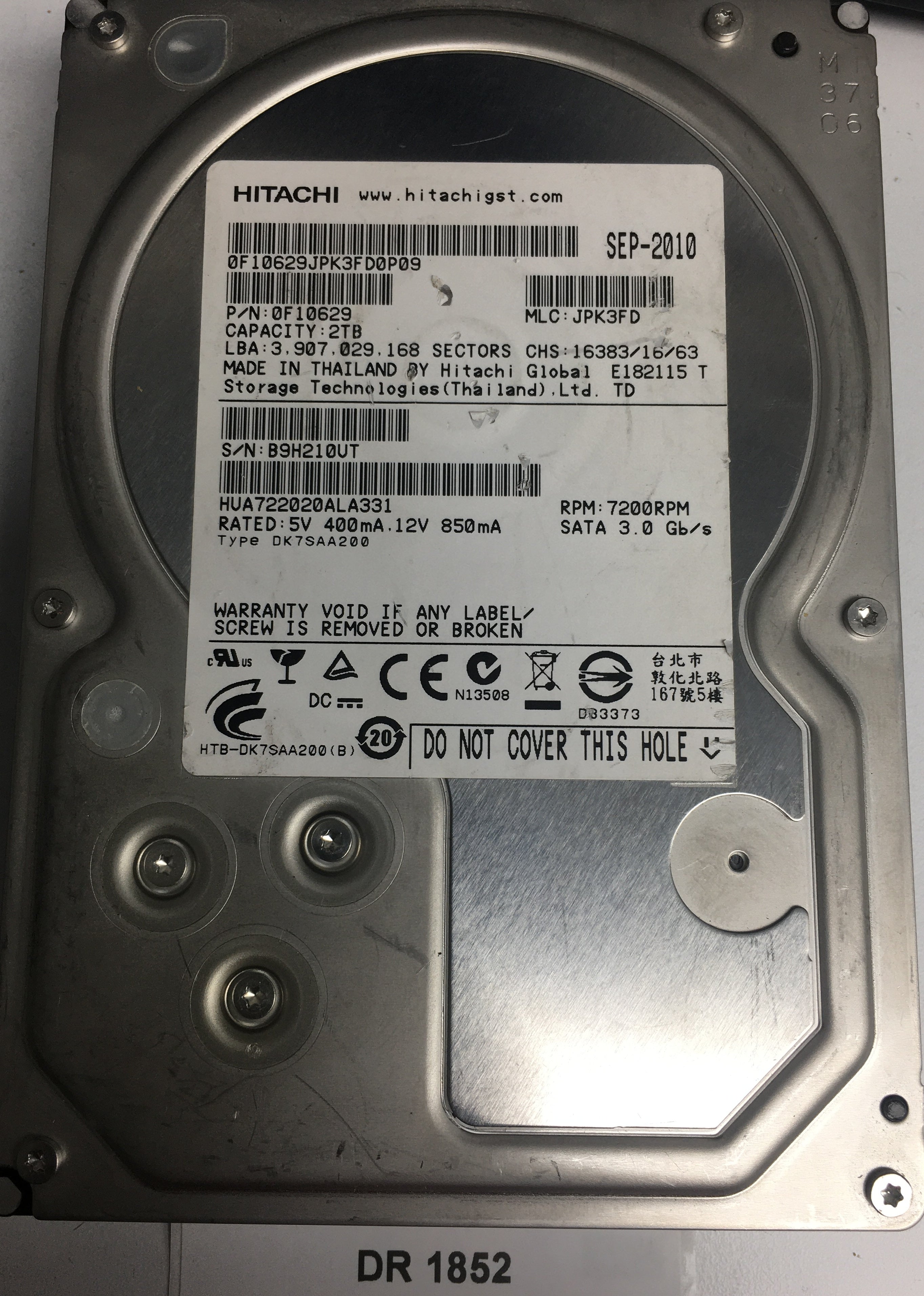 HUA722020ALA331, Serial Number: B9H210UT, P/N: 0F10629, MLC: JPK3FD, 2TB 3.5, PCB: 110 0A90201 01