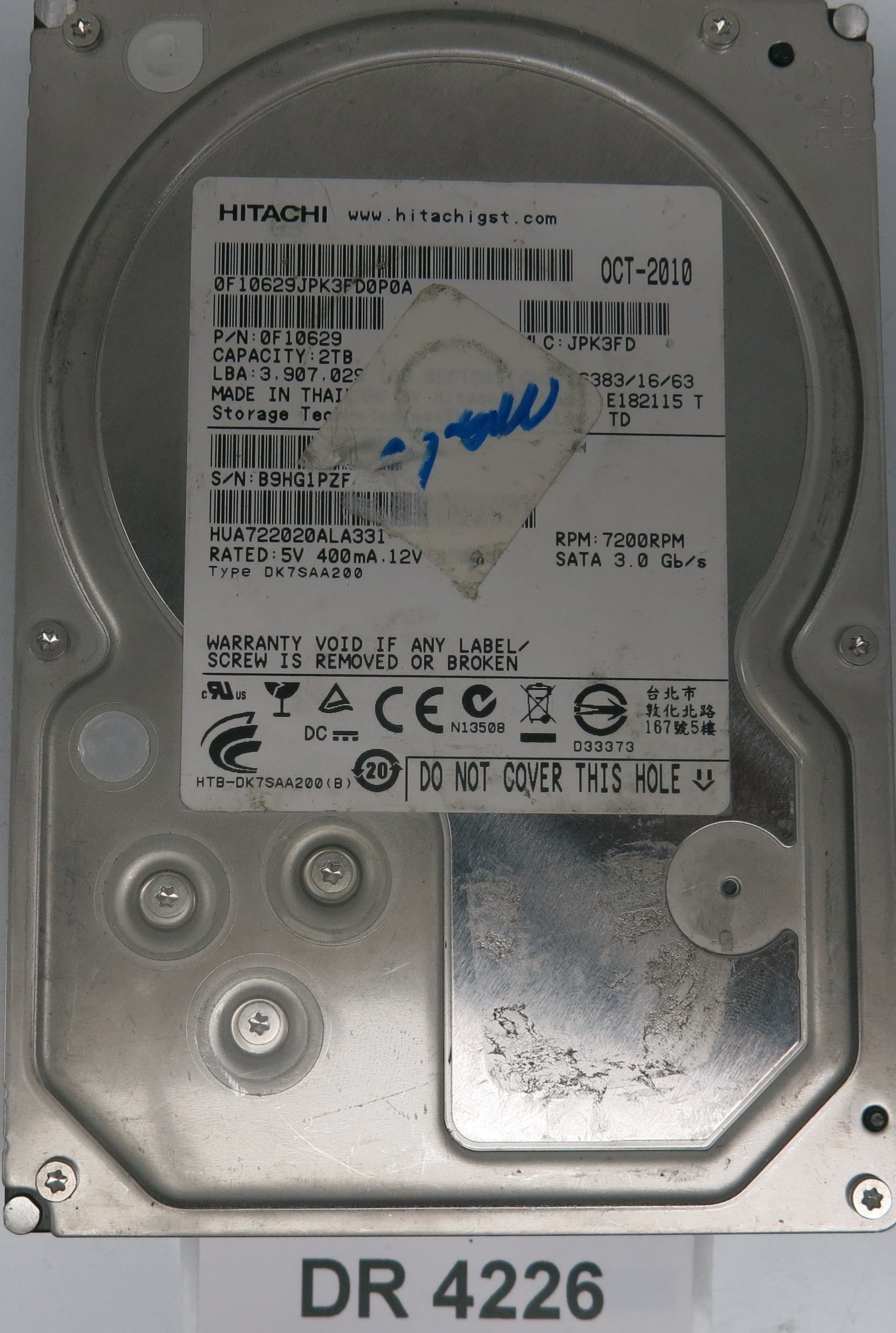 HUA722020ALA331, Serial Number: B9HG1PZF, P/N: 0F10629, MLC: JPK3FD, 2TB 3.5, PCB: 110 0A90201 01
