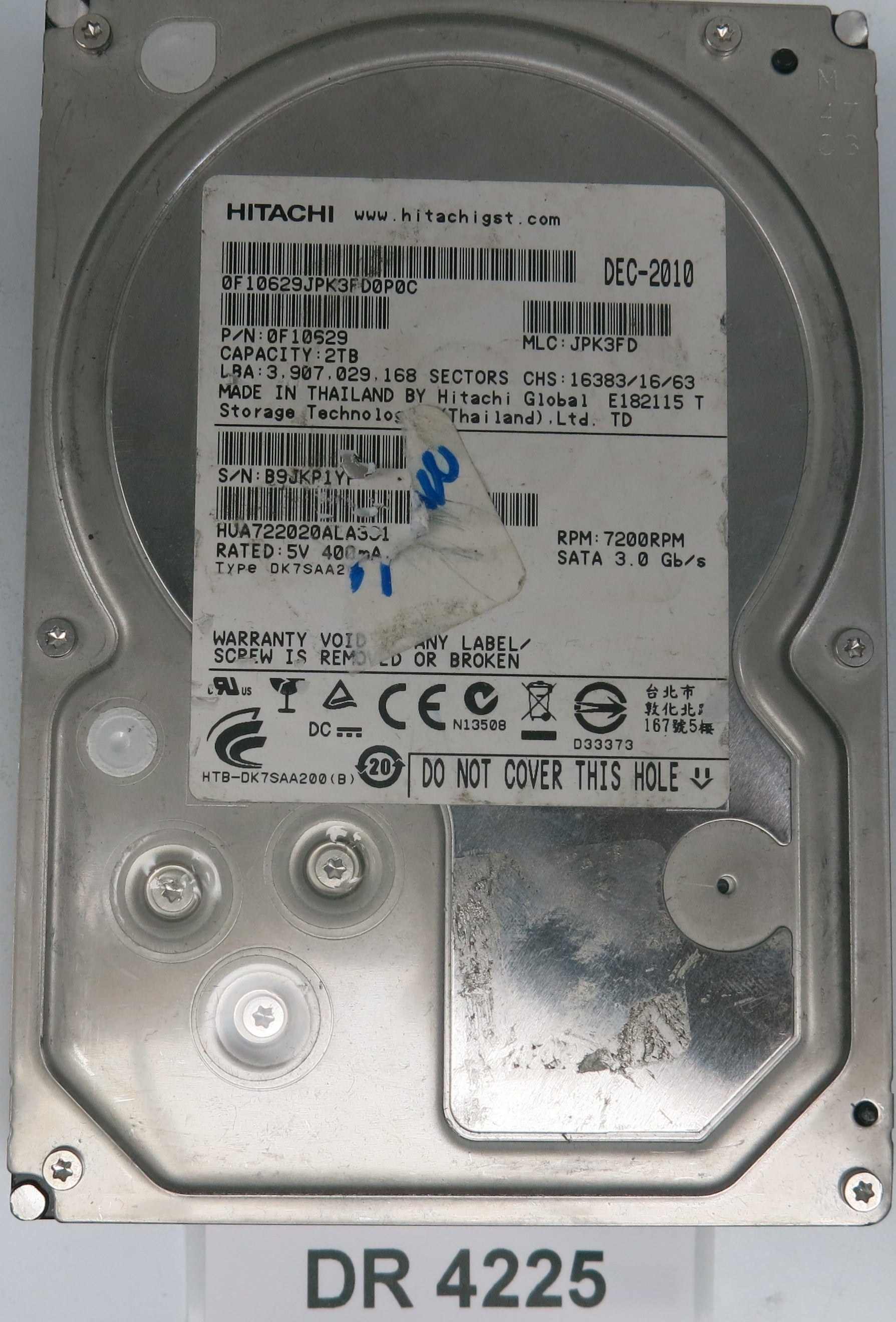 HUA722020ALA331, Serial Number: B9JKP1Y, P/N: 0F10629, MLC: JPK3FD, 2TB 3.5, PCB: 110 0A90201 01