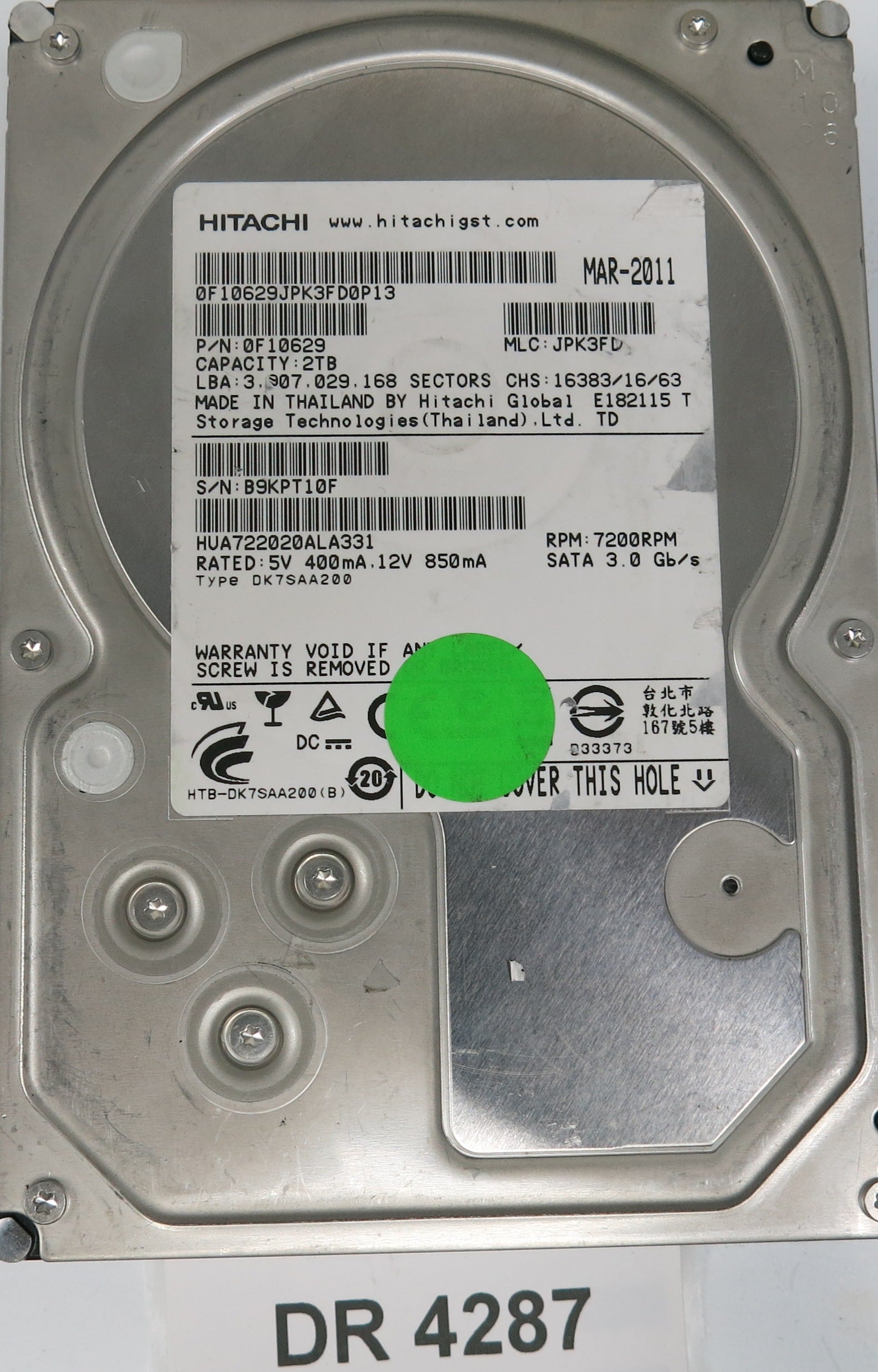 HUA722020ALA331, Serial Number: B9KPT10F, P/N: 0F0629, MLC: JPK3FD, 2YB 3.5, PCB: 110 0A90201 01