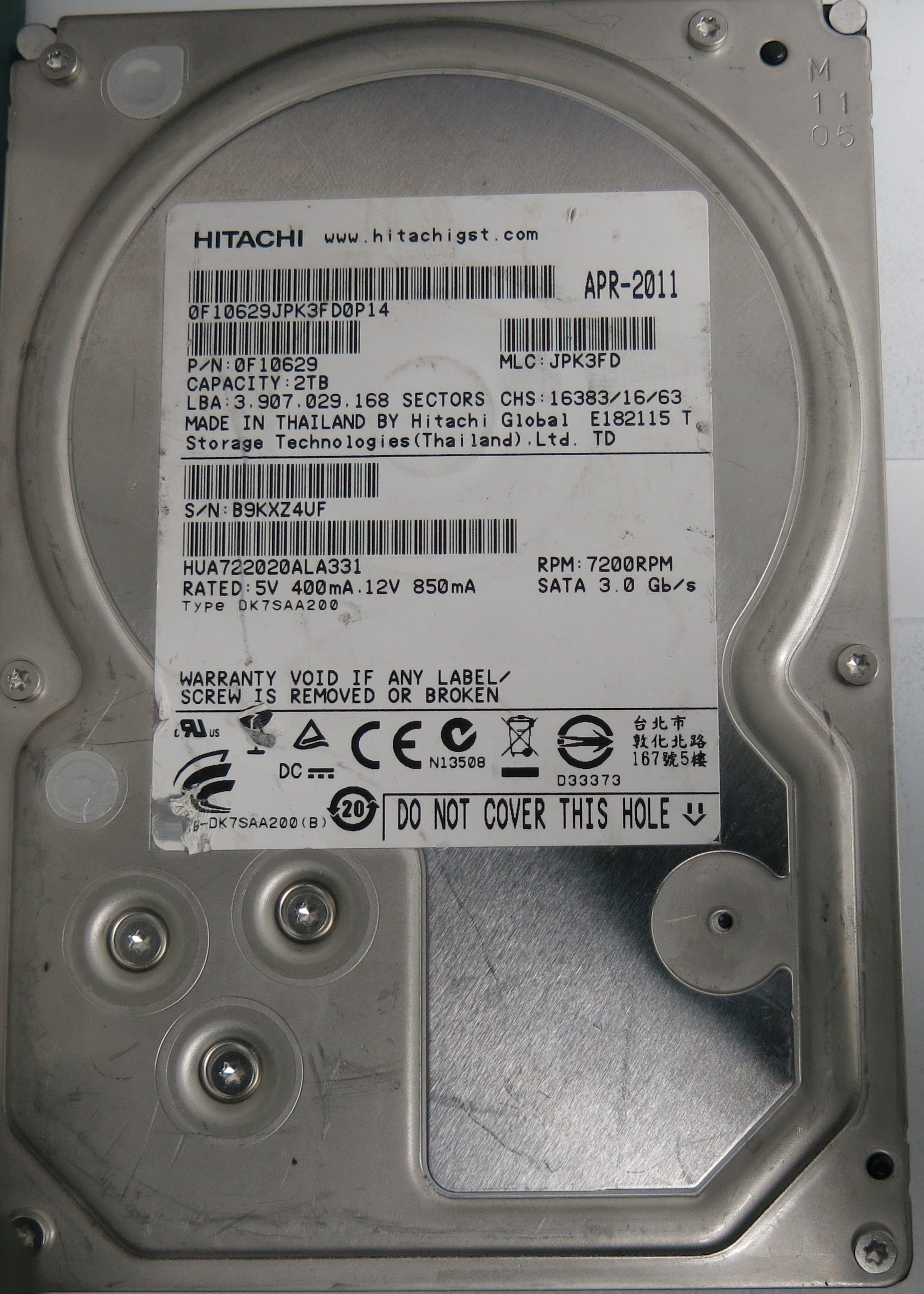 HUA722020ALA331, Serial Number: B9KXZ4UF, P/N: 0F10629, MLC: JPK3FD, 2TB 3.5, PCB: 110 0A90201 01
