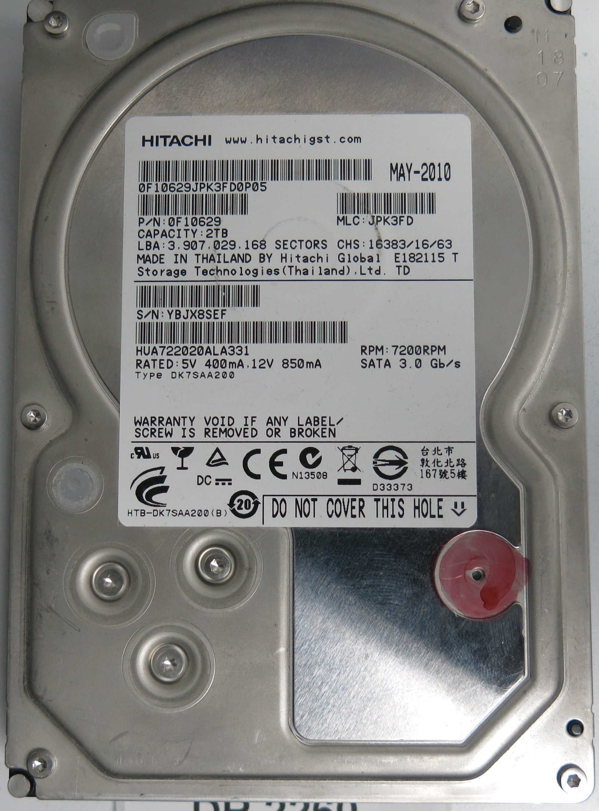 HUA722020ALA331, Serial Number: YBJX8SEF, P/N: 0F10629, MLC: JPK3FD, 2TB 3.5, PCB: 110 0A90201 01