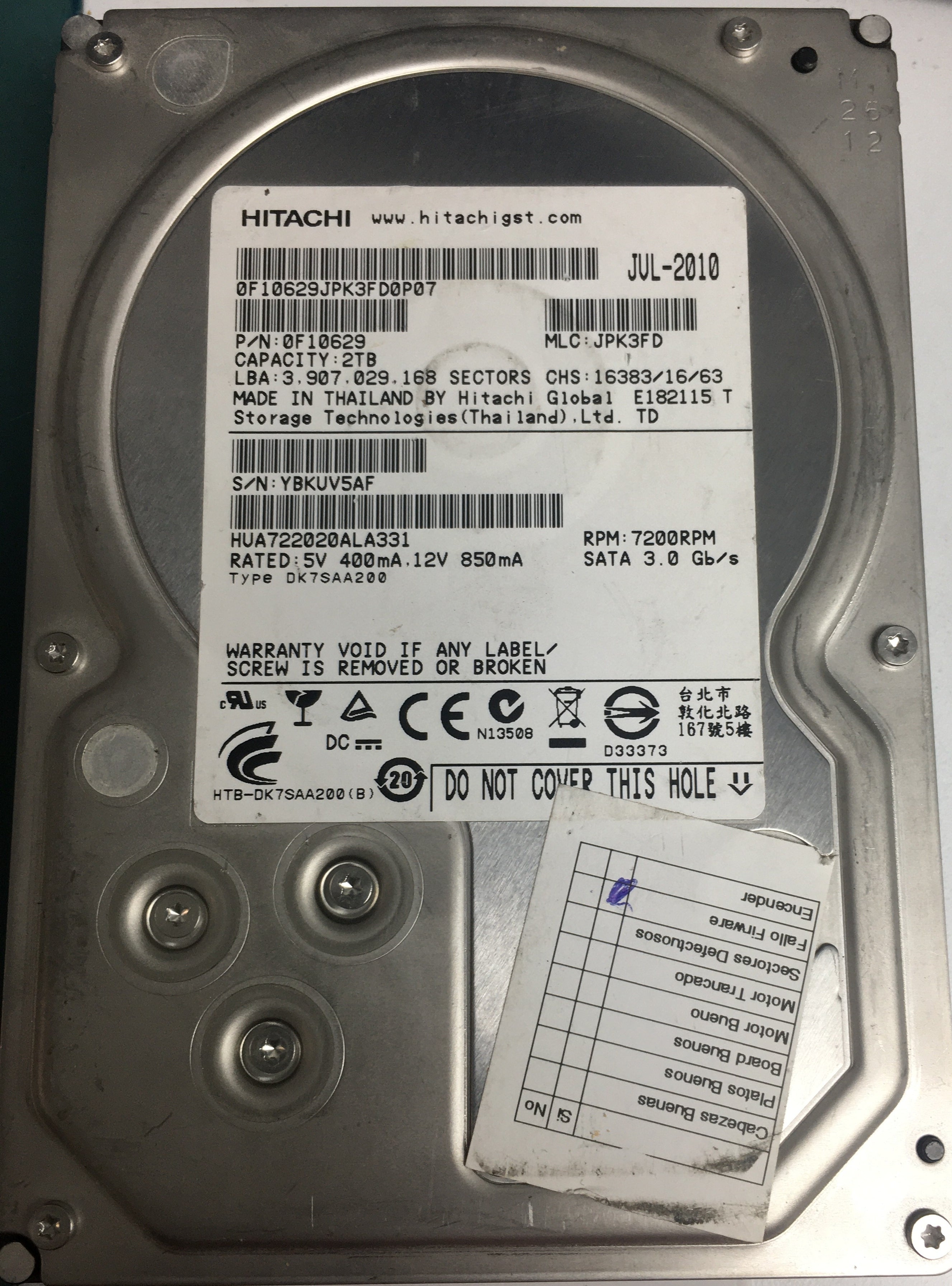 HUA722020ALA331, Serial Number: YBKUV5AF, P/N: 0F10629, MLC: JPK3FD, 2TB 3.5, PCB: 110 0A90201 01