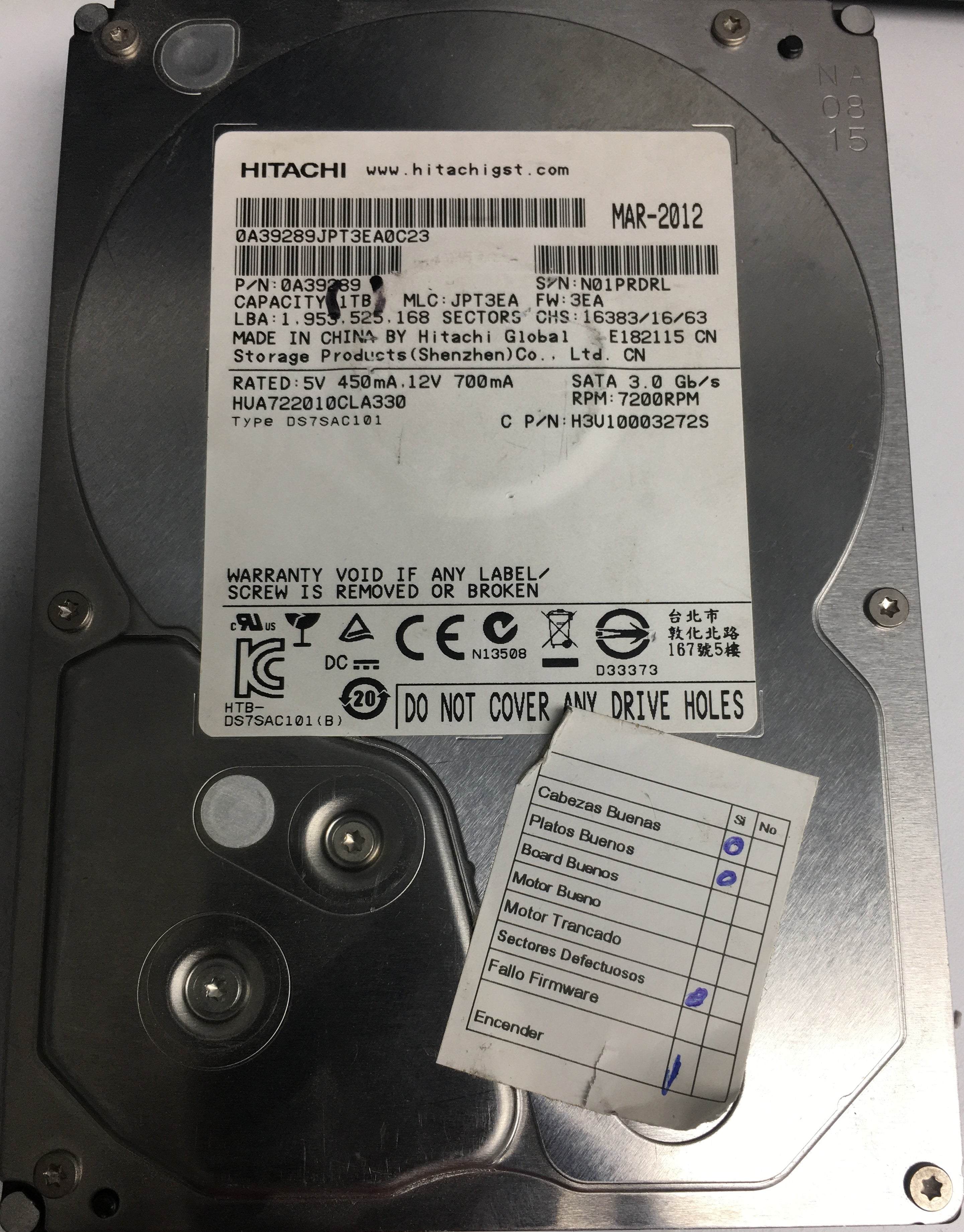 HUA72210CLA330, Serial Number: N01PRDRL, P/N: 0A39289, MLC: JPTEA, 1TB 3.5, PCB: 110 0A90188 01