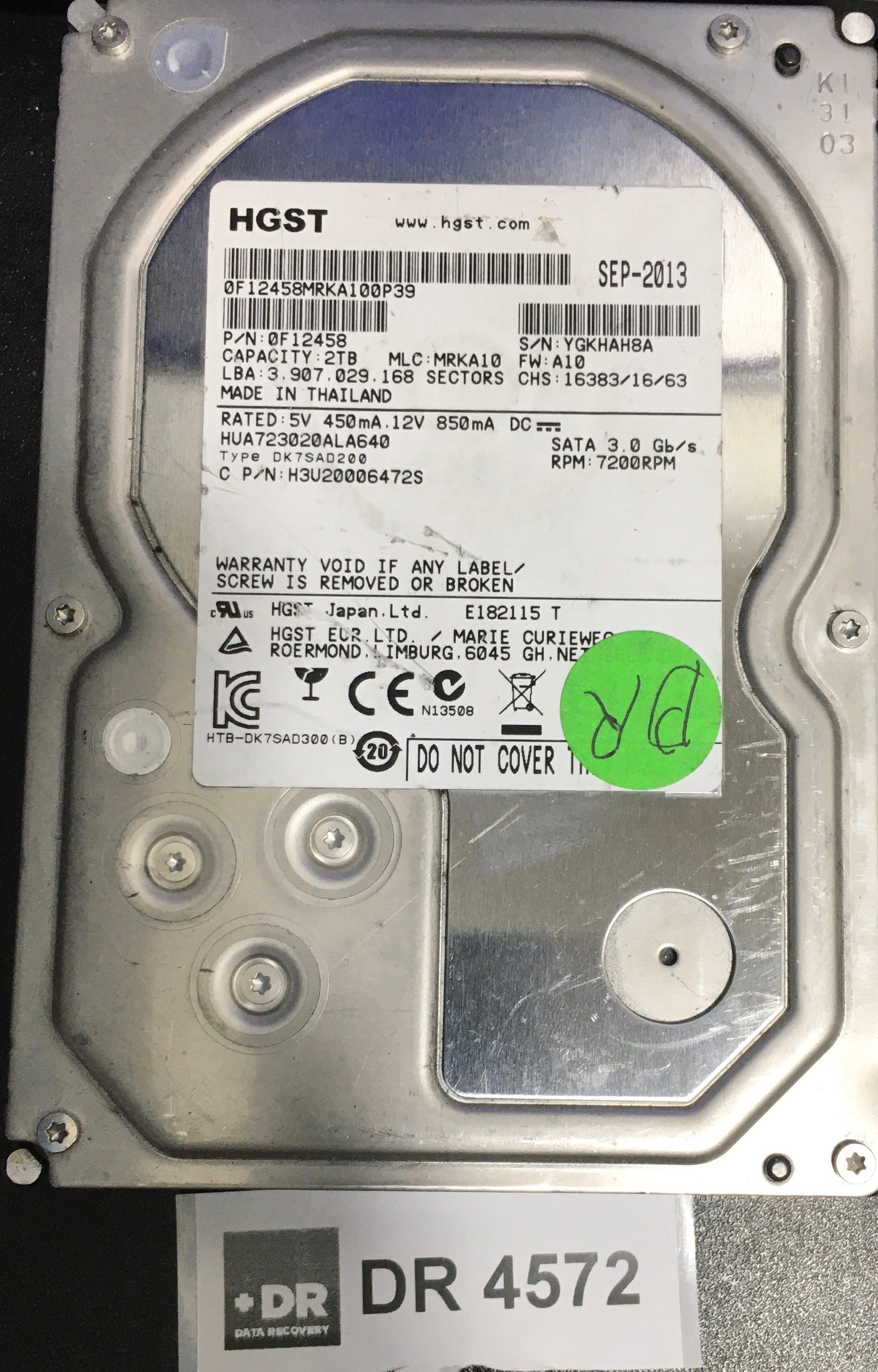 HUA723020ALA640,  P/N: 0F12458,  MLC: MRKA10,  FW: A10,  Serial: YGKHAH8A,  2000GB 3.5  PCB-220 0a900284