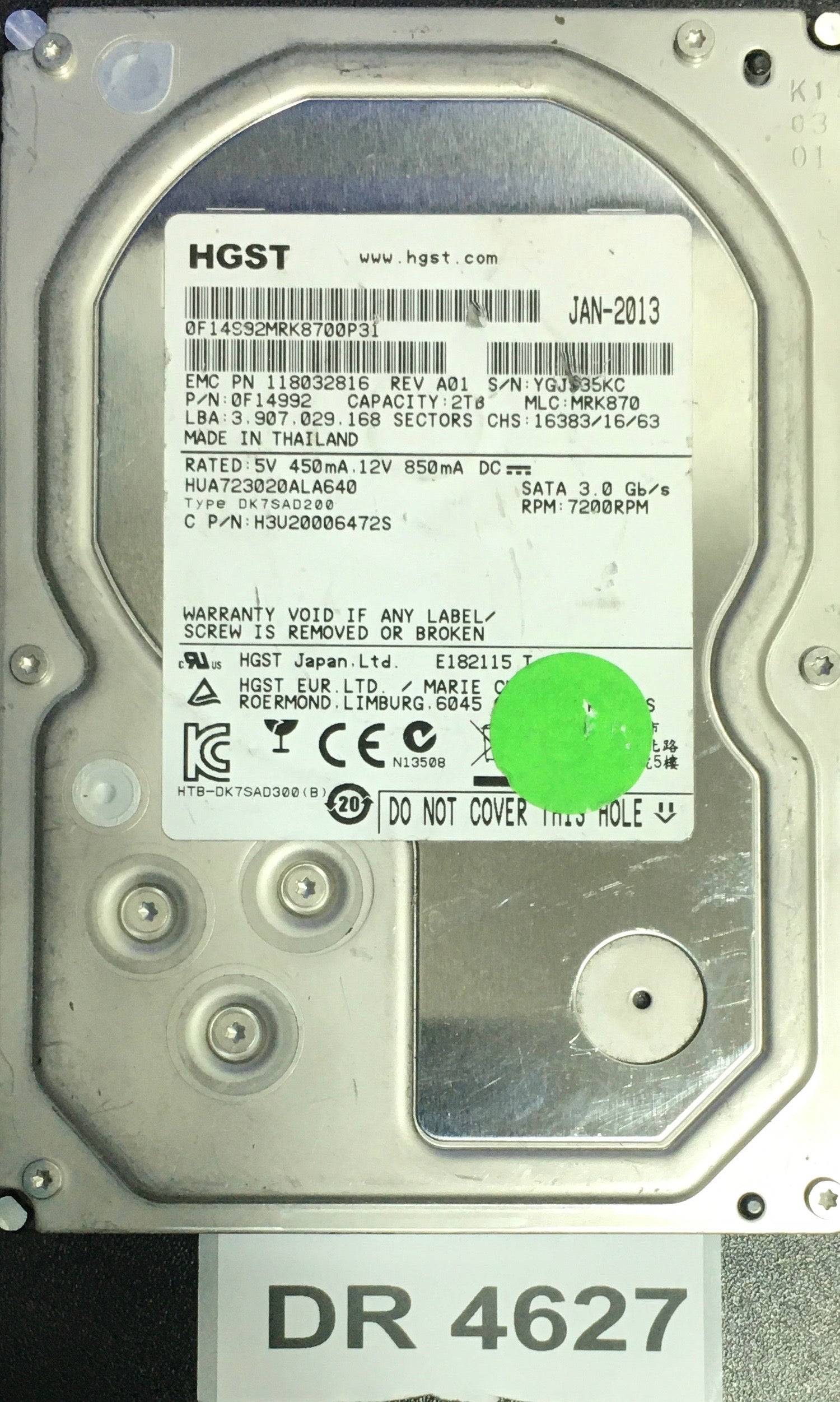 HUA723020ALA640,  P/N: 0F14992,  MLC: MRK870,  Serial: YGJS35KC,  2000GB 3.5  PCB : 220 0A90284 01,