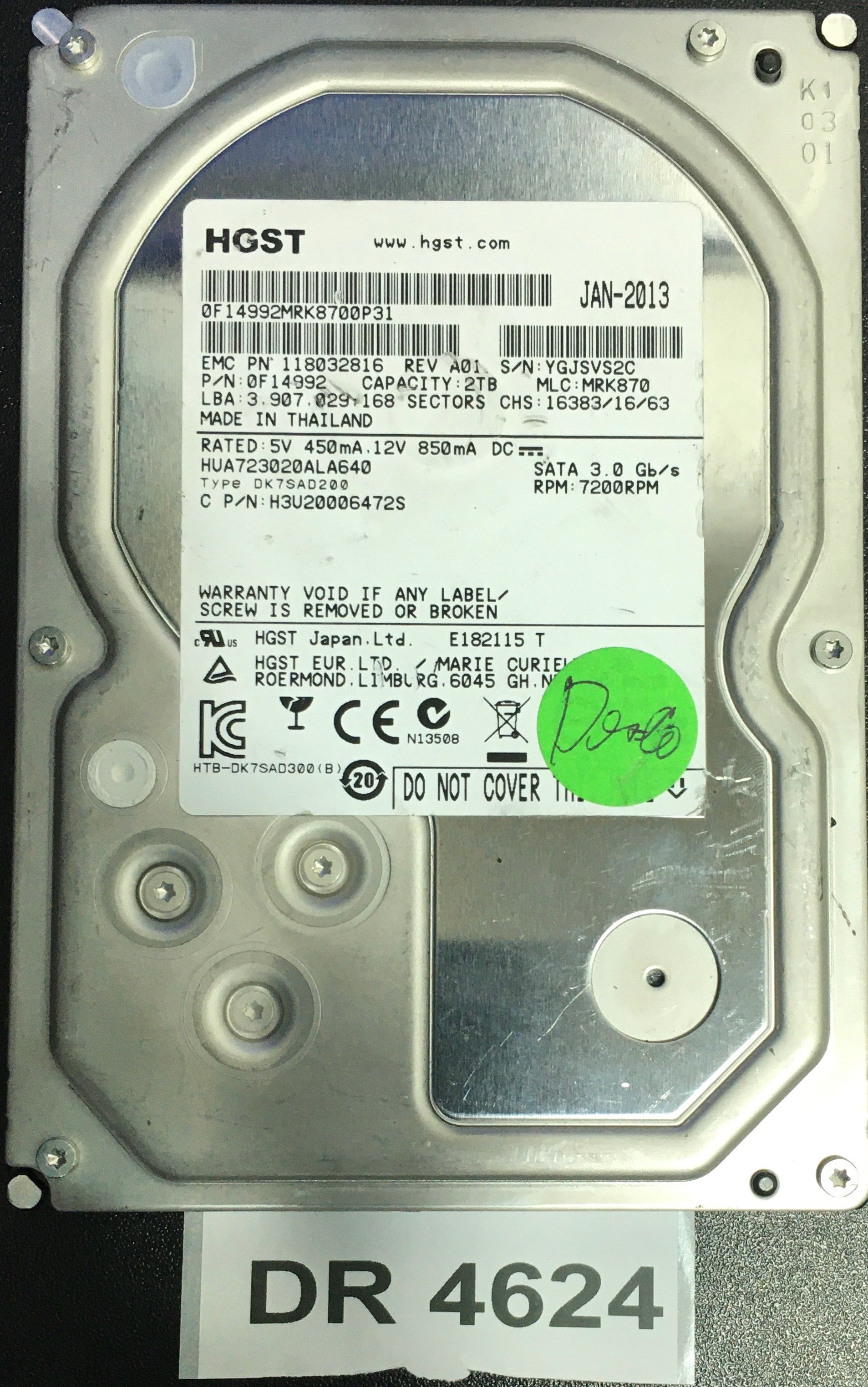 HUA723020ALA640,  P/N: 0F14992,  MLC: MRK870,  Serial: YGJSVS2C,  2000GB 3.5  PCB : 220 0A90284 01,