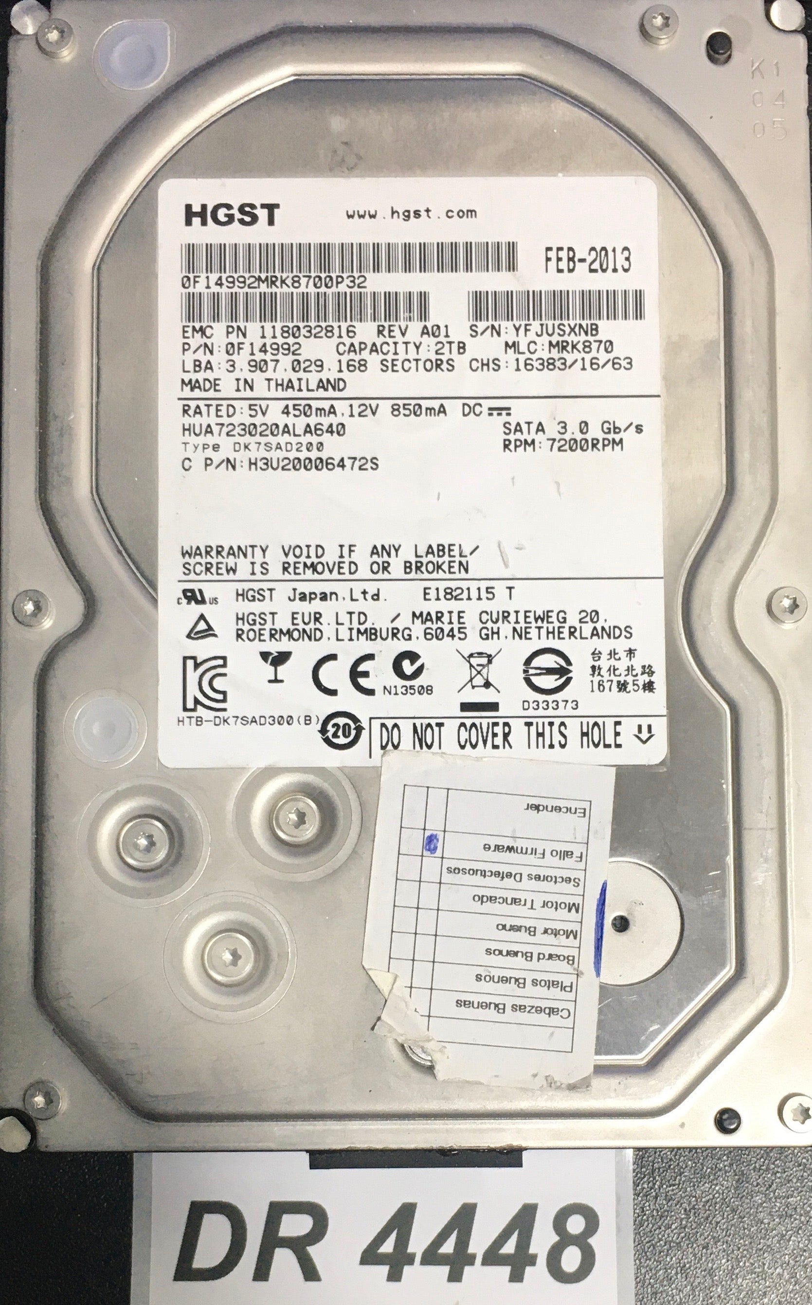 HUA723020ALA640 P/N:  0F14992   Serial:YFJUSXNB   2000GB 3.5  PCB: 220 0A90284 01 REV A