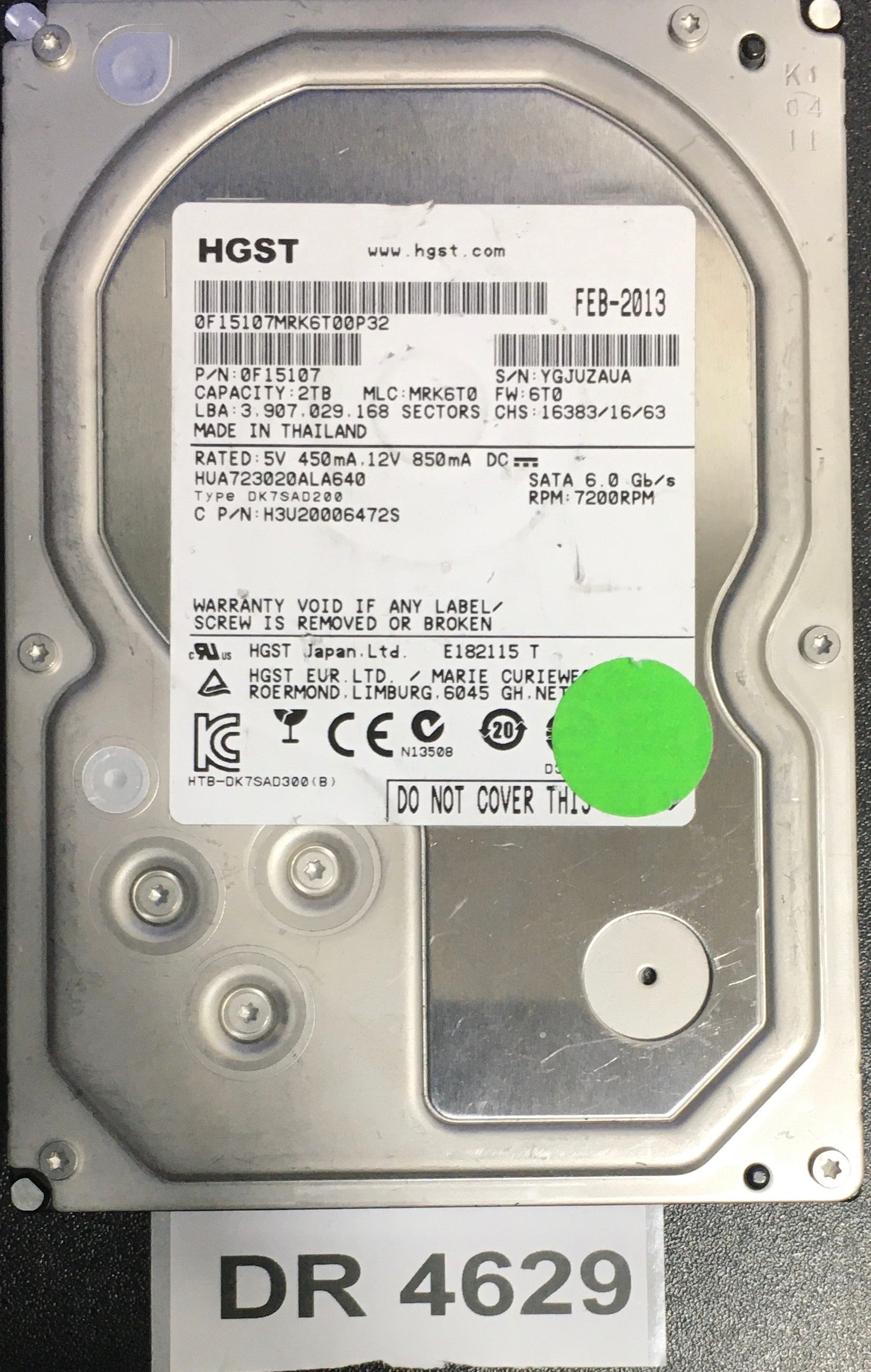 HUA723020ALA640,  P/N: 0F15107,  MLC: MRK6T0,  FW: 6T0,   Serial: YGJUZAUA,  2000GB 3.5  PCB : 220 0A90284 01,