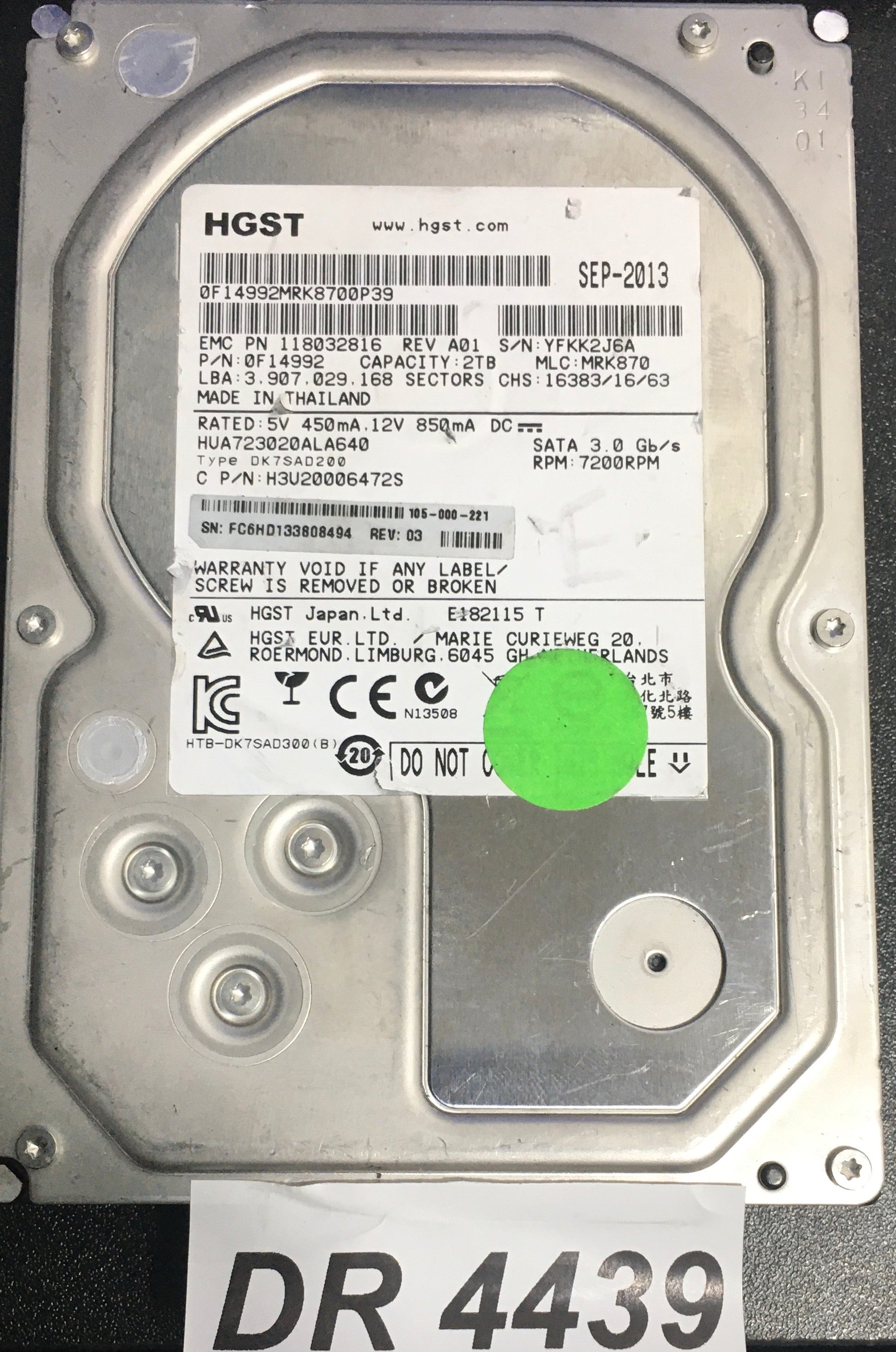 HUA723020ALA640  P/N: 118032816A0S  Serial: YFKK2J6A  2000GB 3.5  PCB : 220 0A90284 01
