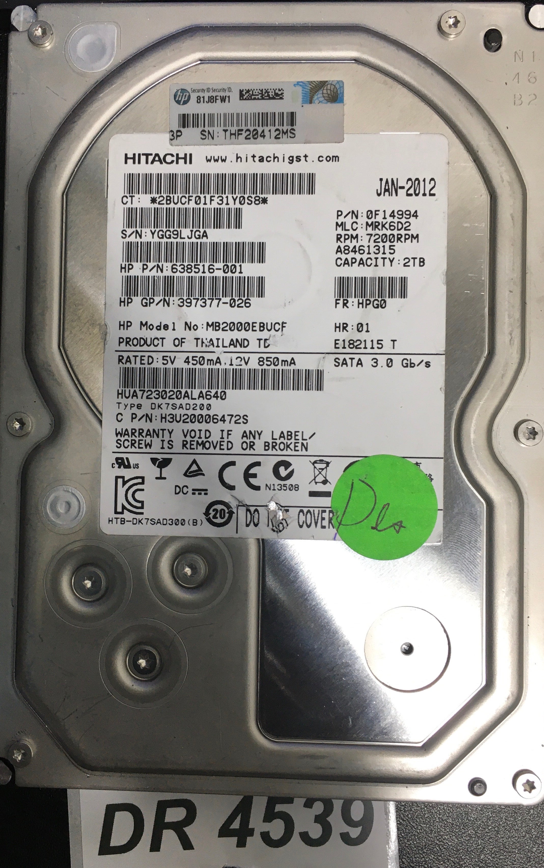 HUA723020ALA640  P/N: 638516'001  Serial: YGG9LJGA  20000GB 3.5  220 0A90264 01PCB :- REV A