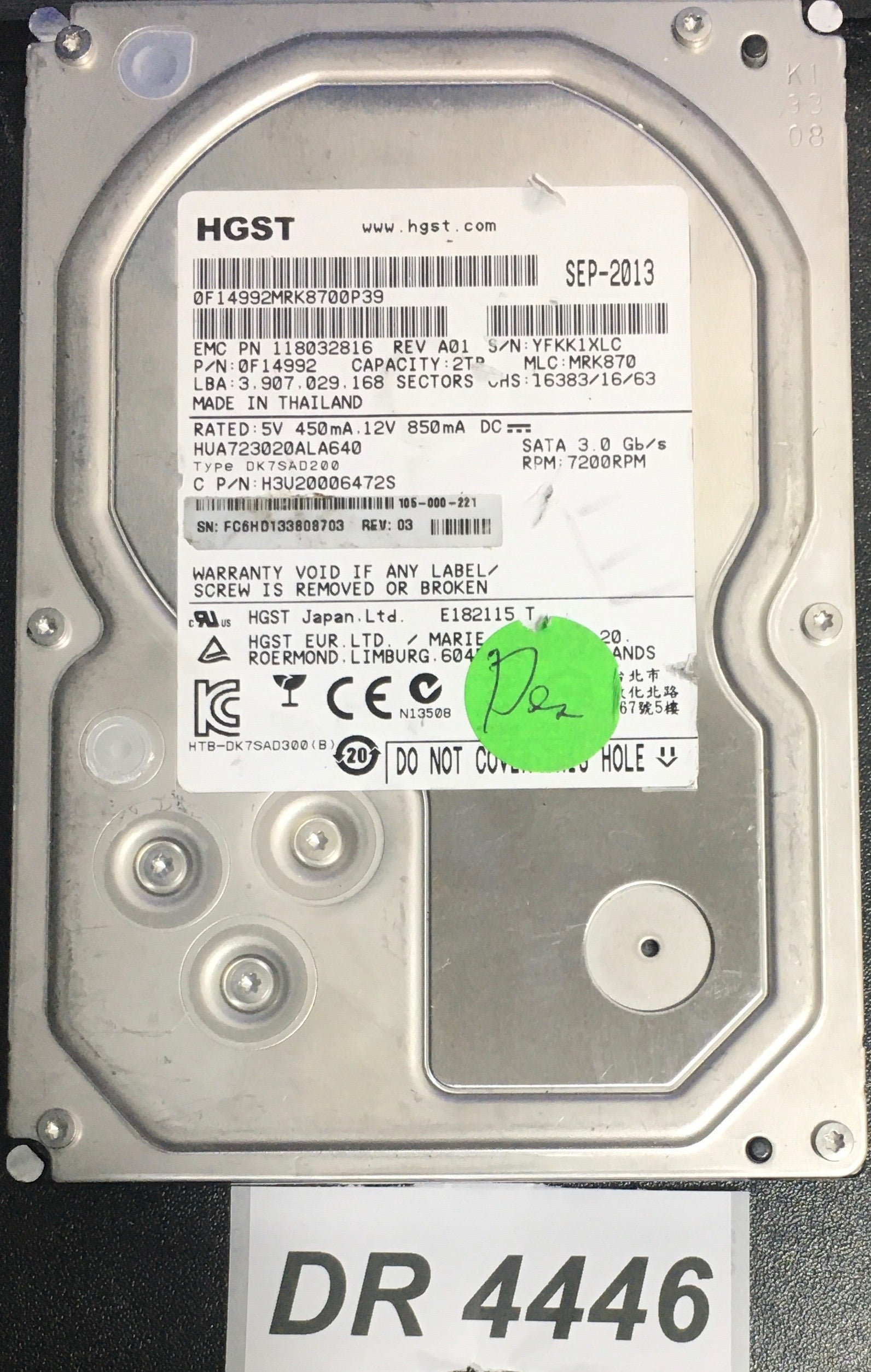 HUA723020ALA640 P/N:  H3U2006472S   Serial: YFKK1XLC  2000GB 3.5  PCB: 220 0A90284 01 REV A