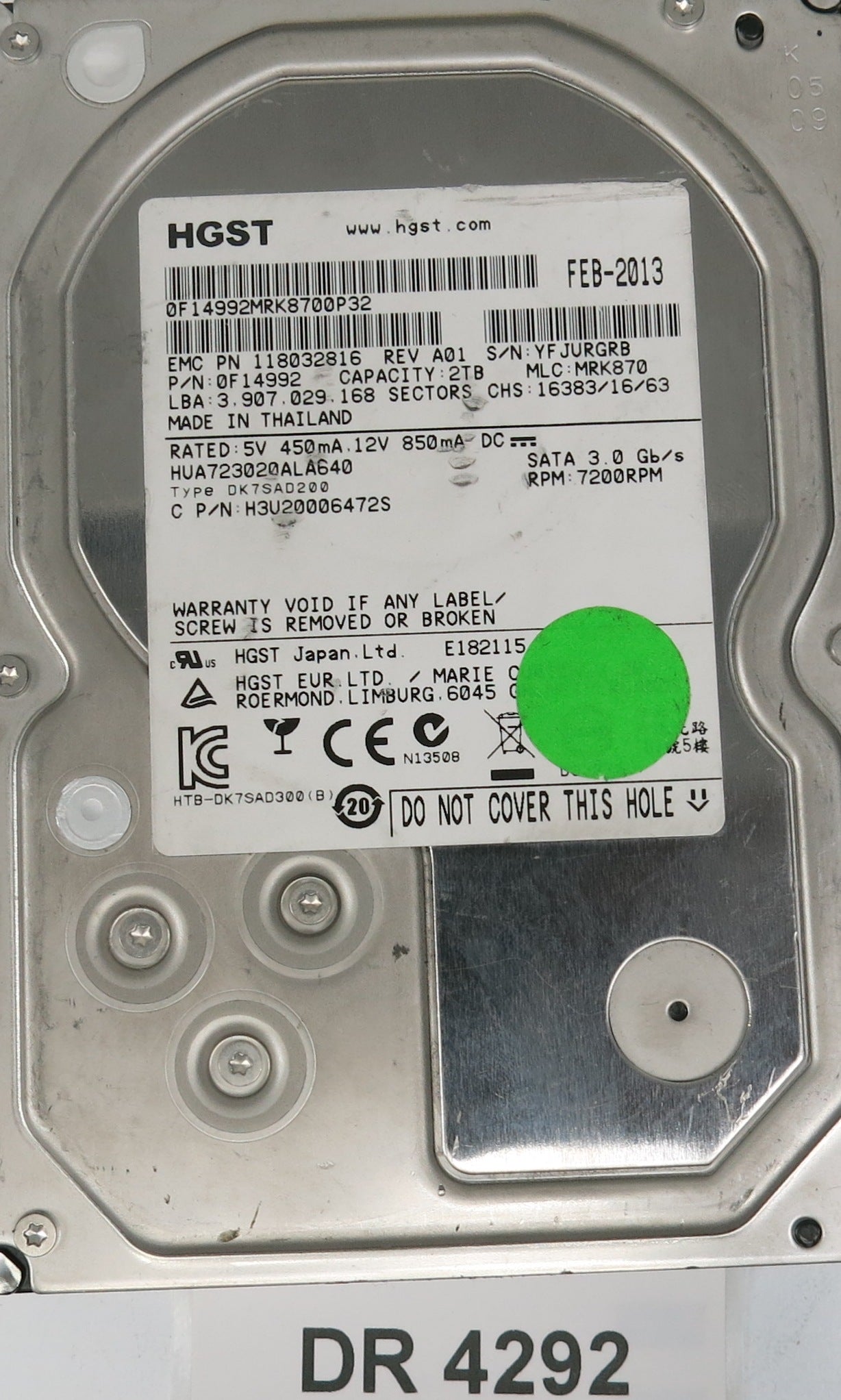 HUA723020ALA640, Serial Number: YFJURGRB, P/N: 0F14992, MLC: MRK870, 2TB 3.5, PCB: 220 0A90284 01