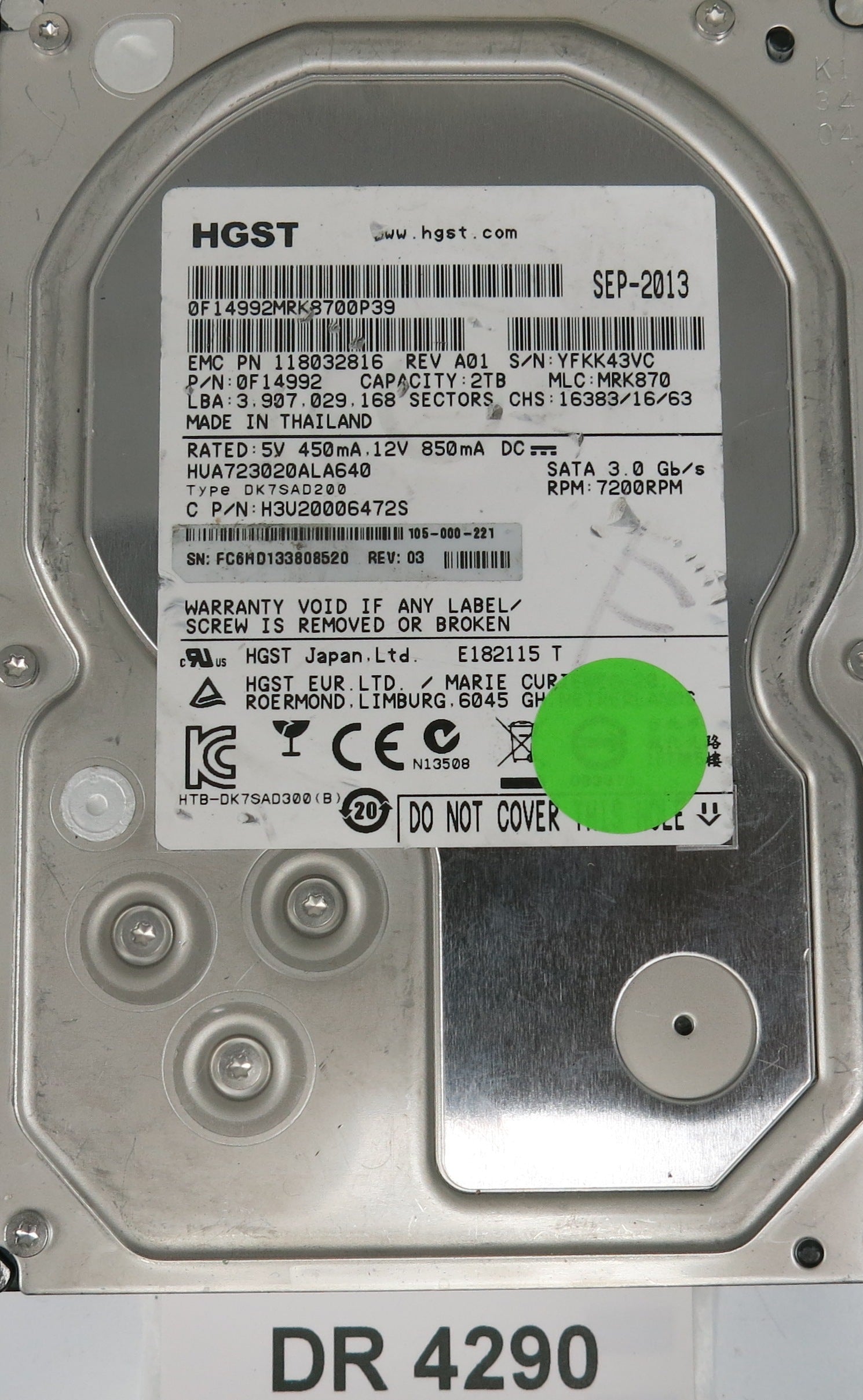HUA723020ALA640, Serial Number: YFKK43VC, P/N: 0F14992, MLC: MRK870, 2TB 3.5, PCB: 220 0A90284 01