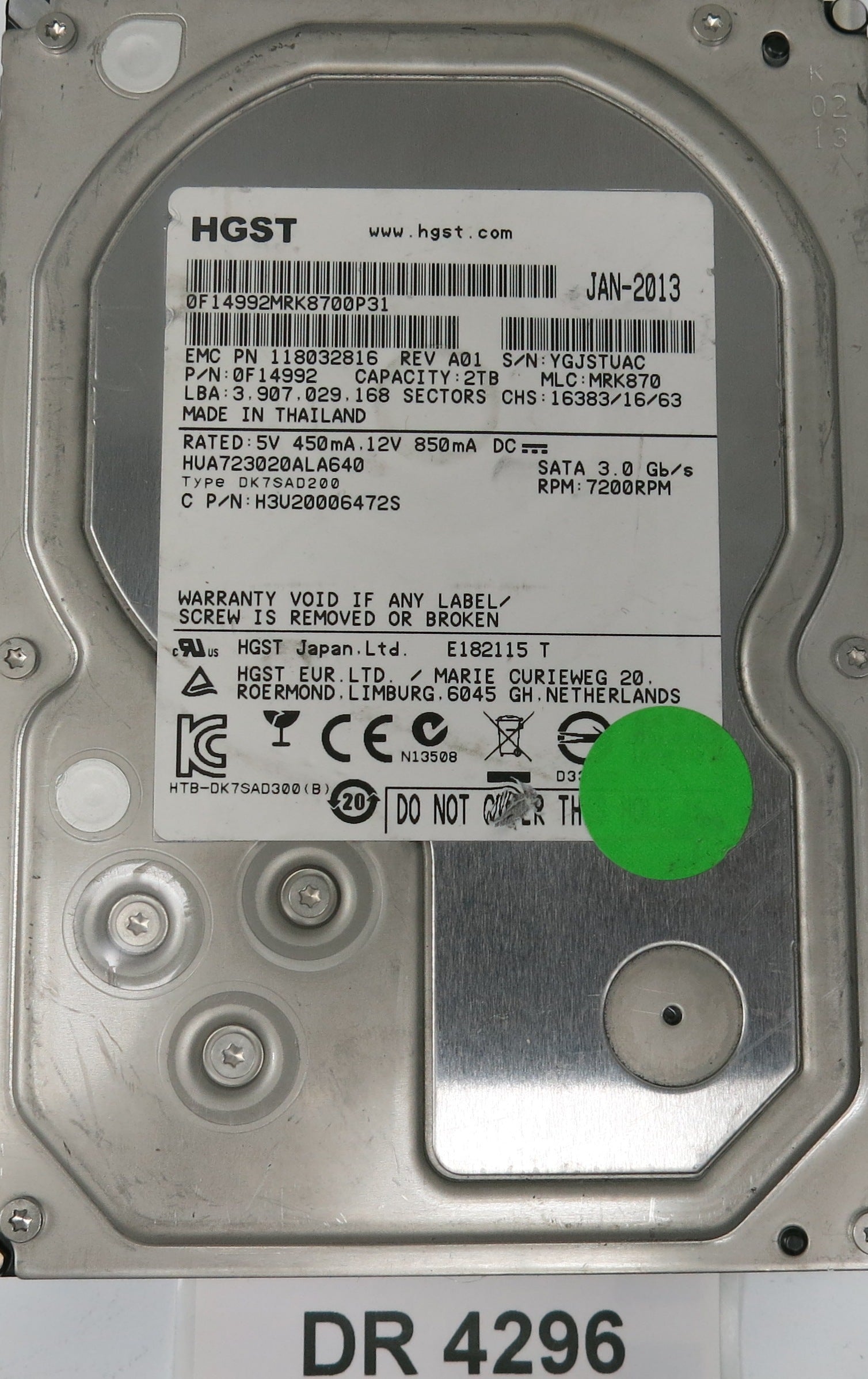 HUA723020ALA640, Serial Number: YGJSTUAC, P/N: 0F14992, MLC: MRK870, 2TB 3.5, PCB: 220 0A90284 01