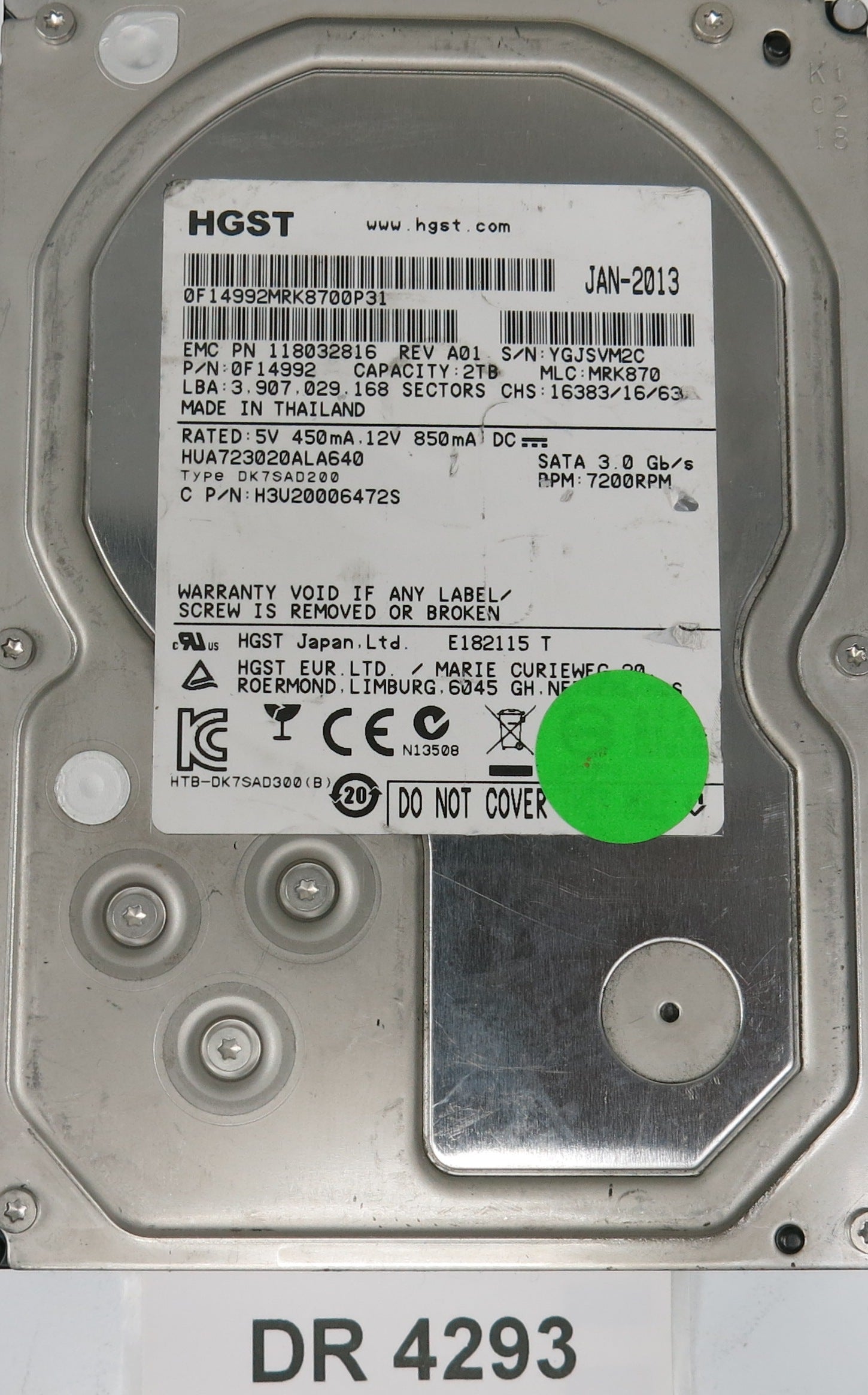 HUA723020ALA640, Serial Number: YGJSVM2C, P/N: 0F14992, MLC: MRK870, 2TB 3.5, PCB: 220 0A90284 01