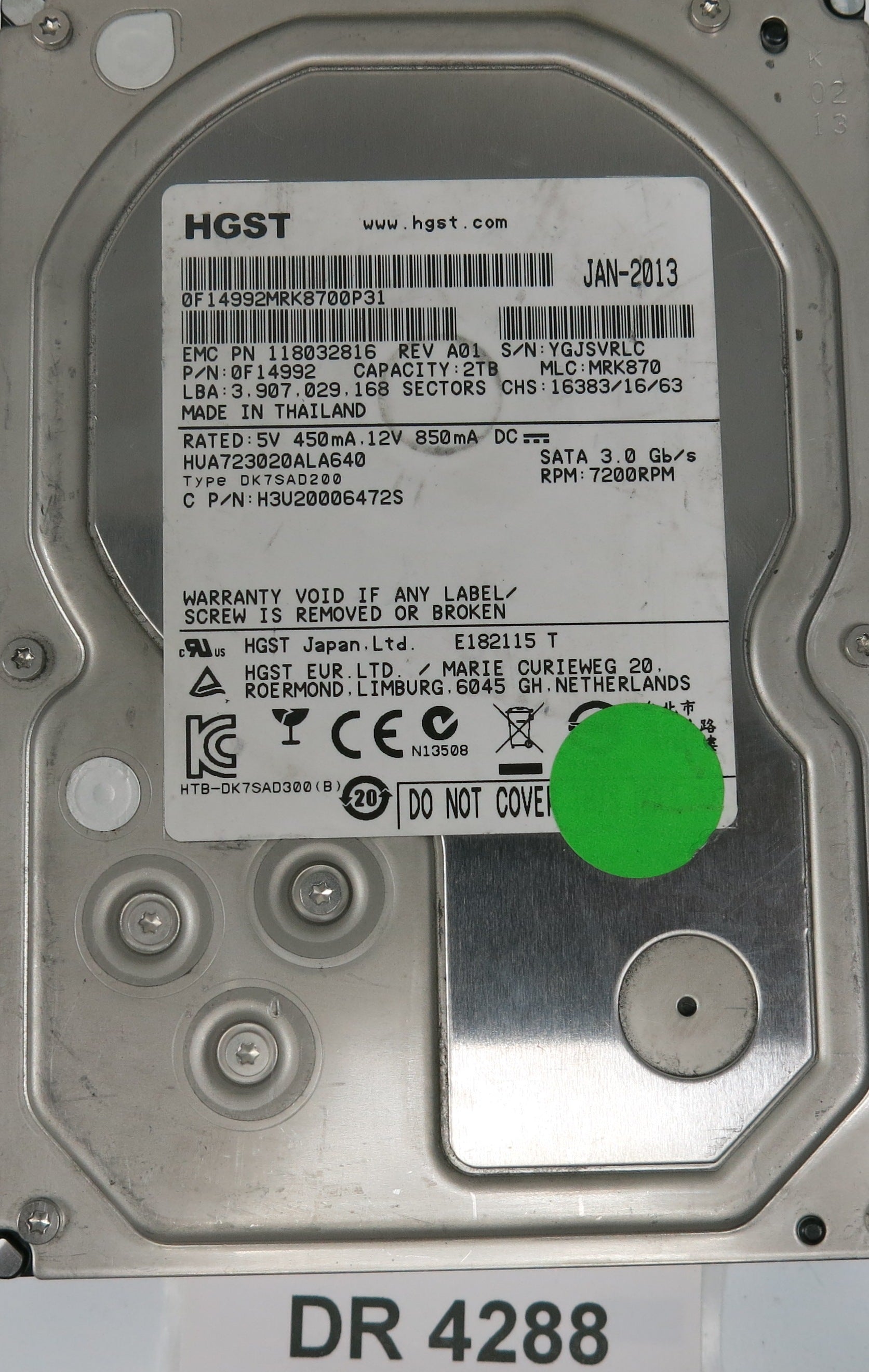 HUA723020ALA640, Serial Number: YGJSVRLC, P/N: 0F14992, MLC: MRK870, 2TB 3.5, PCB: 220 0A90264 01