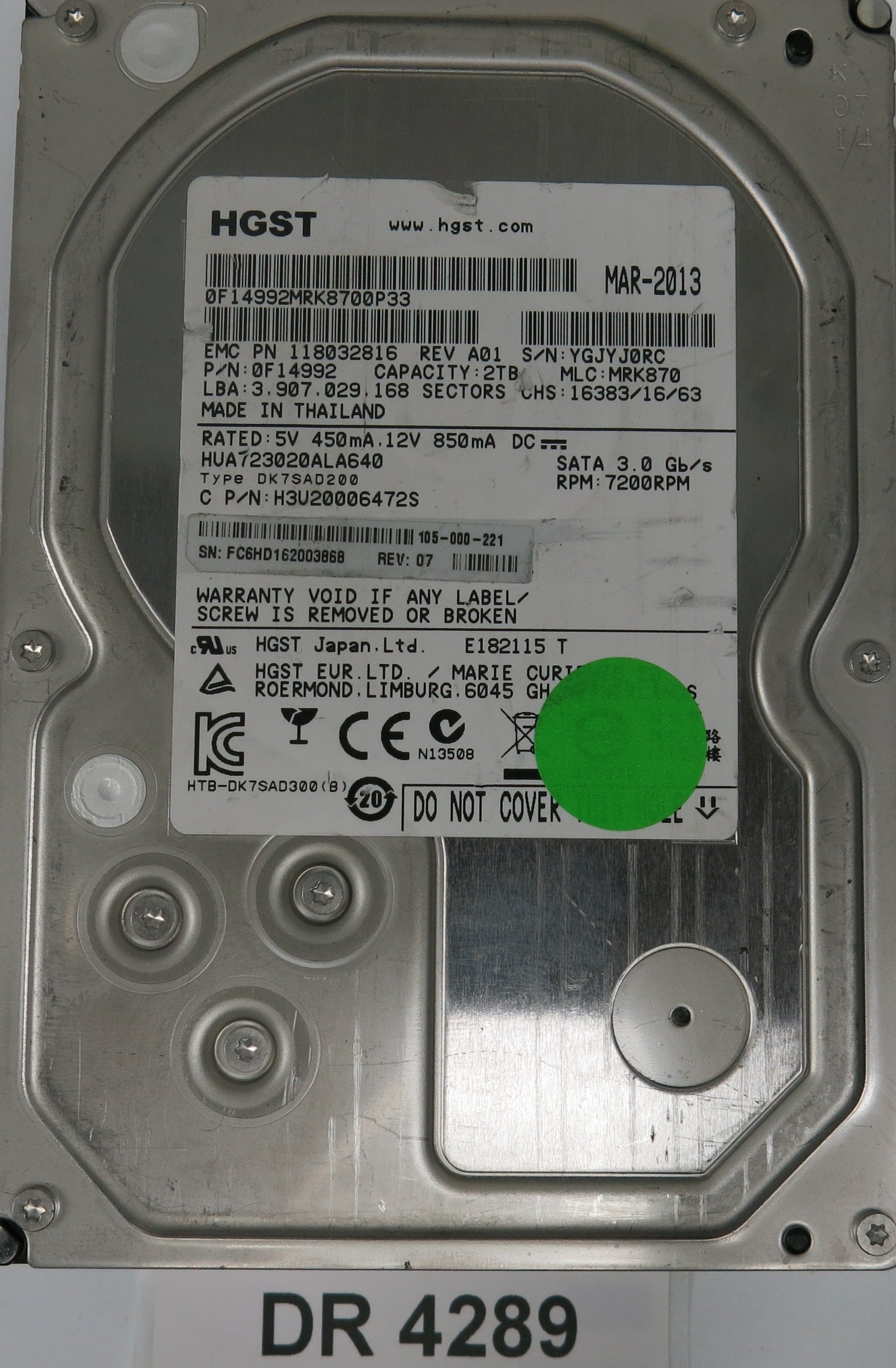 HUA723020ALA640, Serial Number: YGJYJ0RC, P/N: 0F14992, MLC: MRK870, 2TB 3.5, PCB: 220 0A90284 01