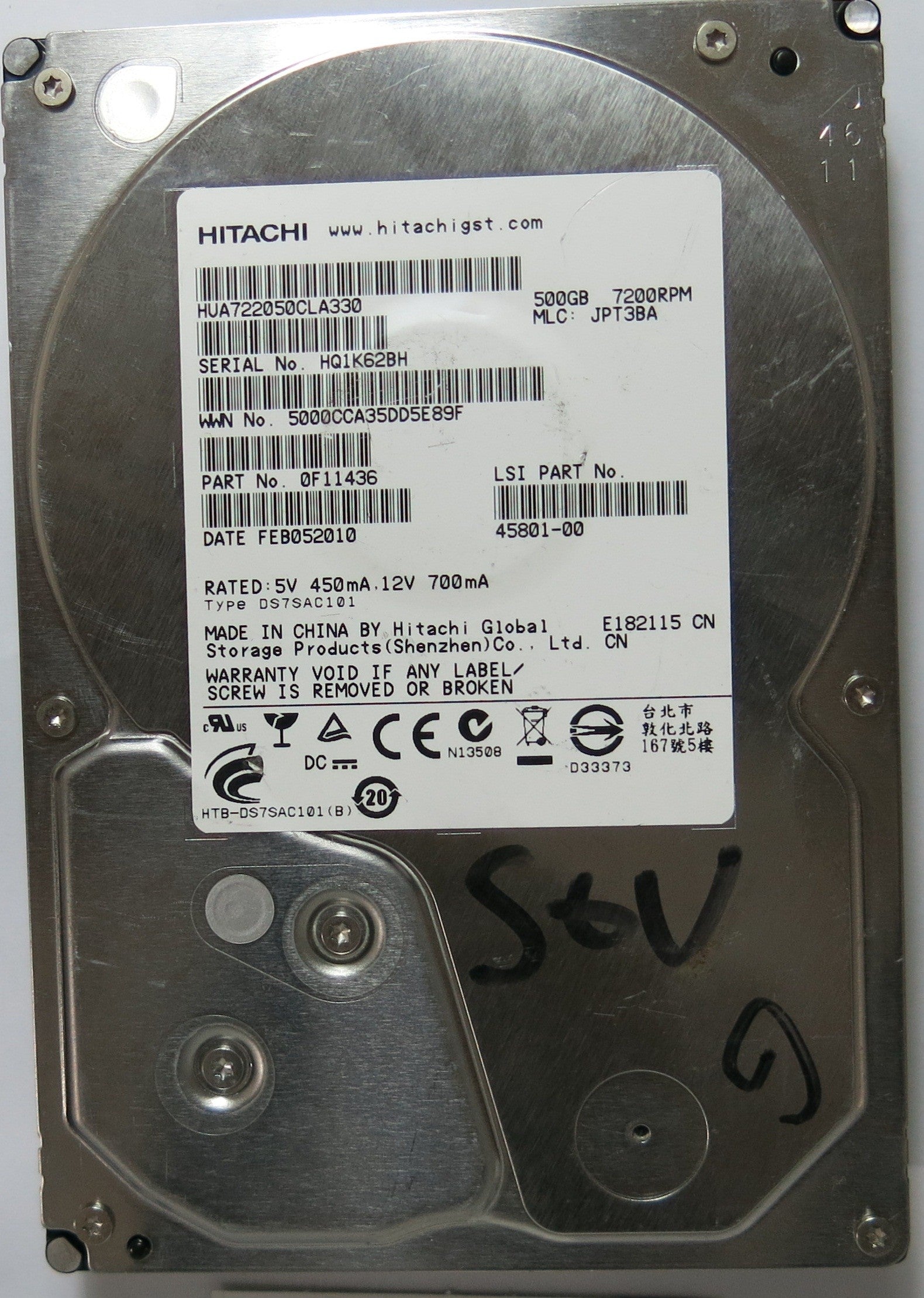 HUA722050CLA330,  P/N:0F11436,  MLC:JPT3BA,  Serial:HQ1K62BH,  500GB 3.5,  PCB :110 0A90188 01- REV A