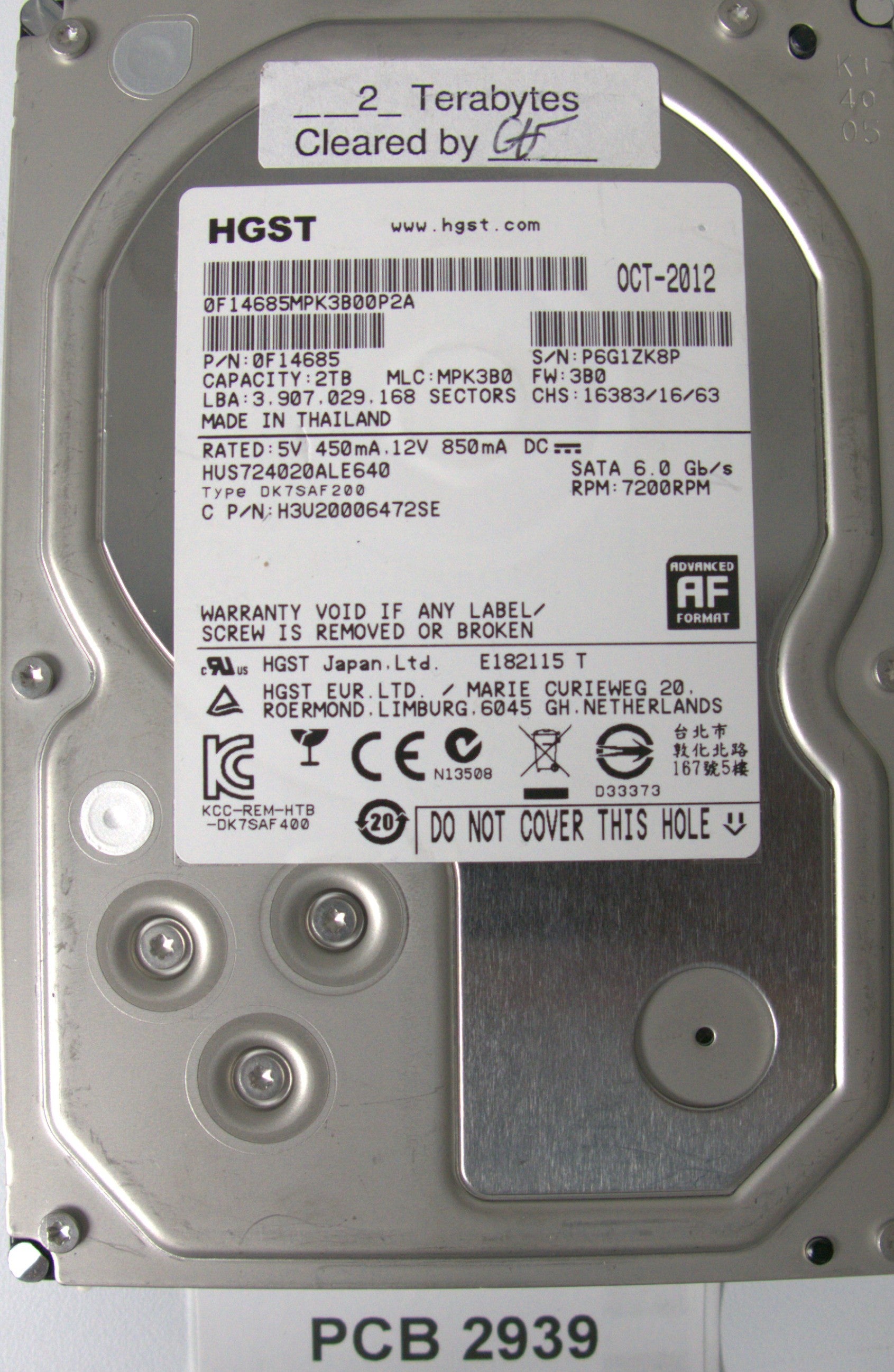 HUS724020ALE640, Serial Number: P6G1ZK8P, P/N: 0F14685, MLC: MPK3B0, 2TB 3.5, PCB: 220 0A90379 01