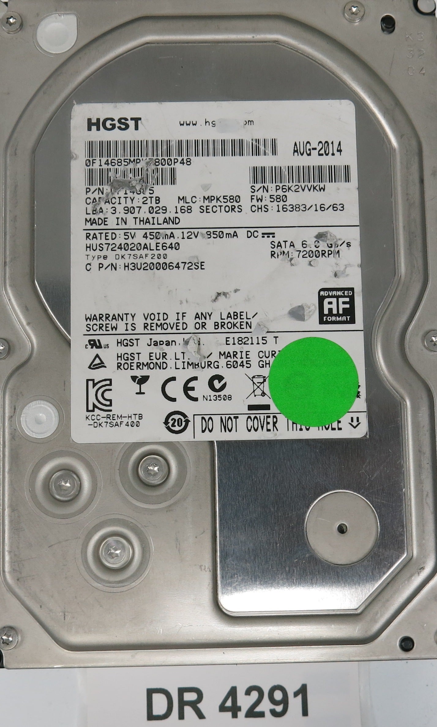 HUS724020ALE640, Serial Number: P6K2VVKW, MLC: MPK580, 2TB 3.5, PCB: 220 0A90379 01