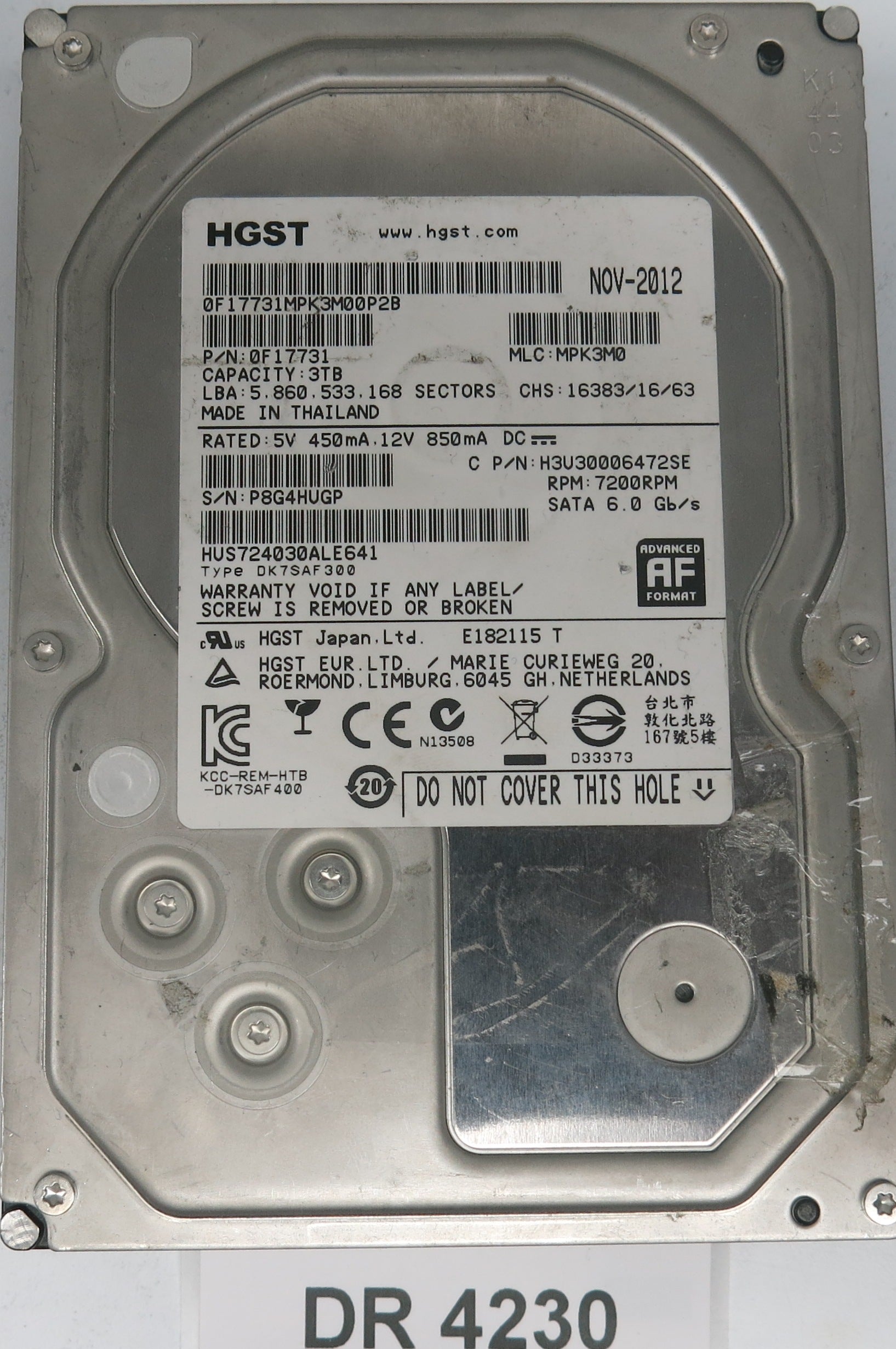 HUS724030ALE641, Serial Number: P8G4HUGP, P/N: 0F17731, MLC: MPK3M0, 3TB 3.5, PCB: 220 0A90379 01
