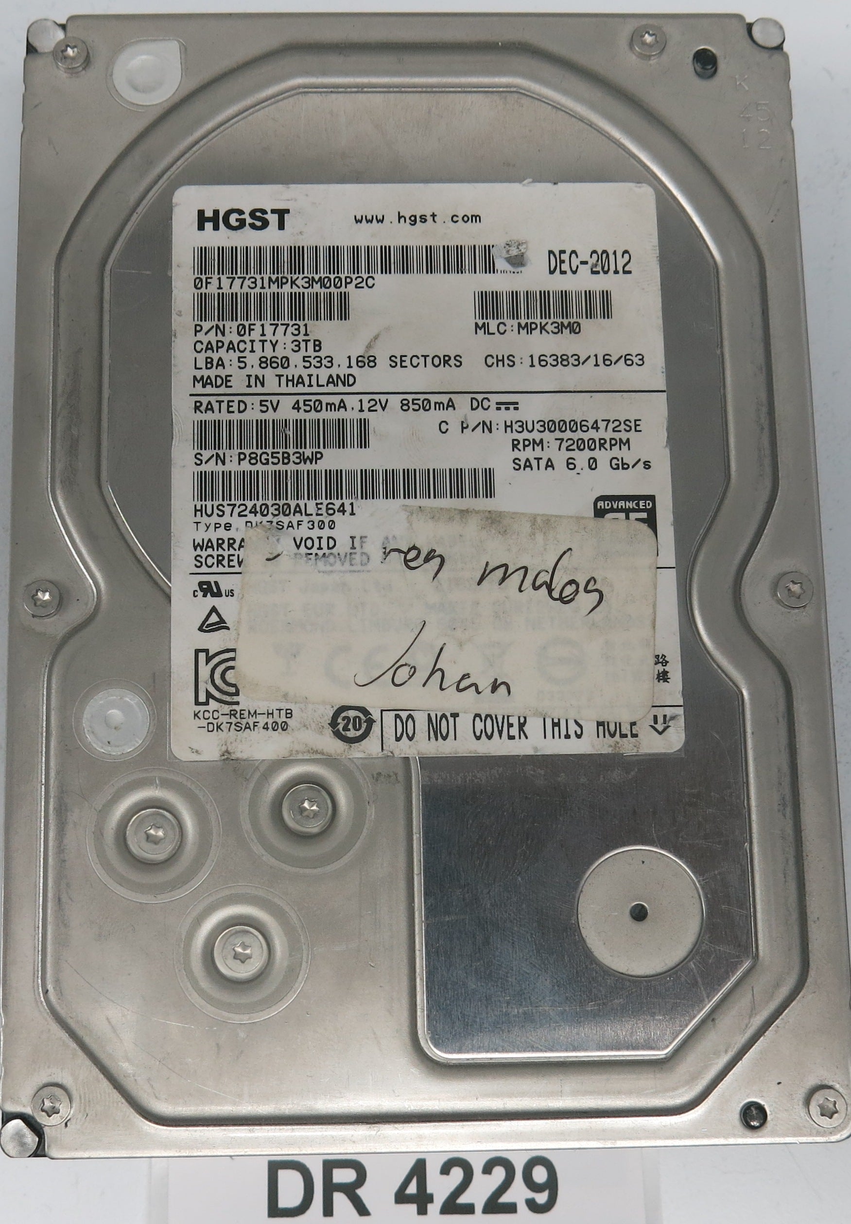 HUS724030ALE641, Serial Number: P8G5B3WP, P/N: 0F17731, MLC: MPK3M0, 3TB 3.5, PCB: 220 0A90379 01