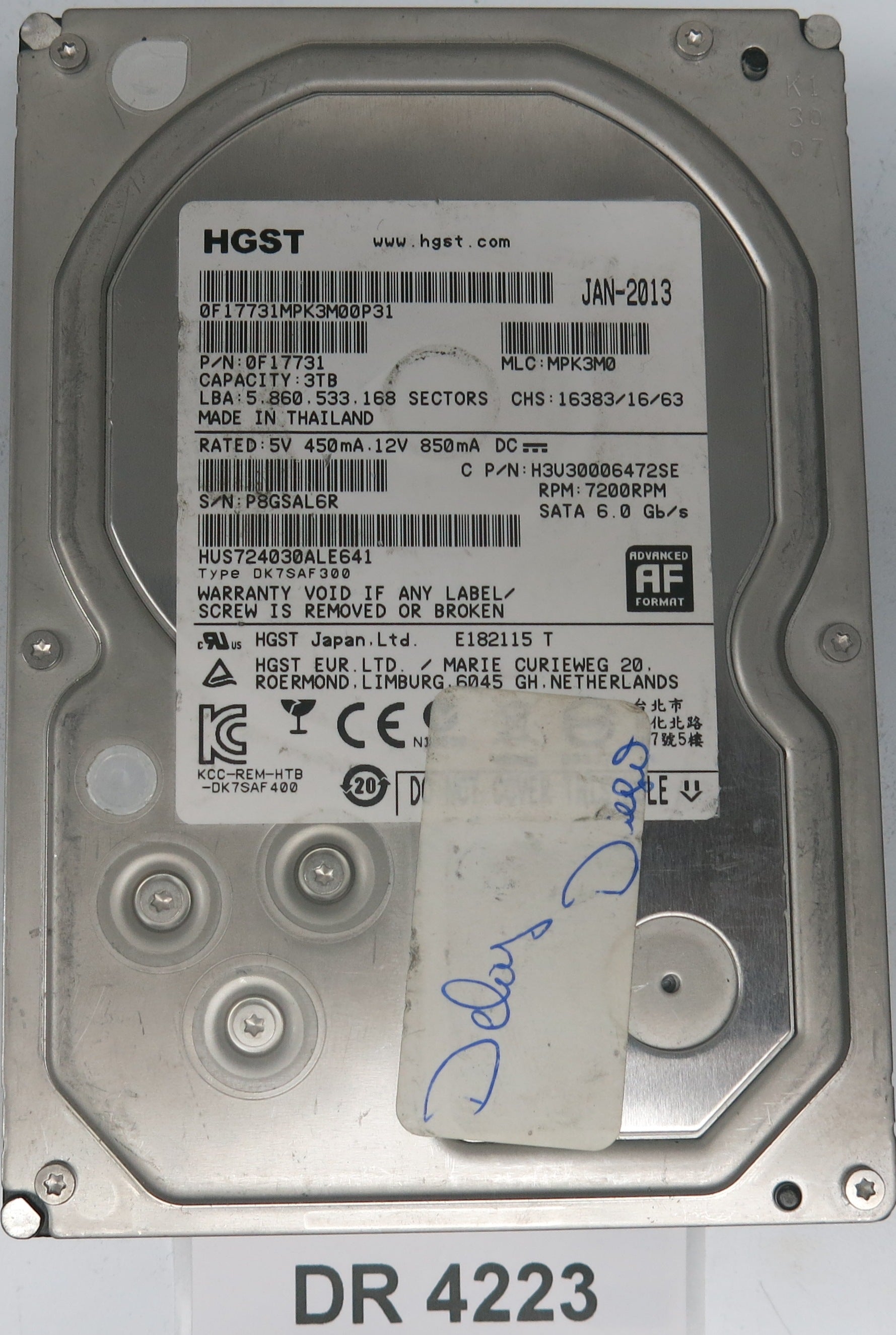 HUS724030ALE641, Serial Number: P8GSAL6R, P/N: 0F17731, MLC: MPK3M0, 3TB 3.5, PCB: 220 0A90379 01