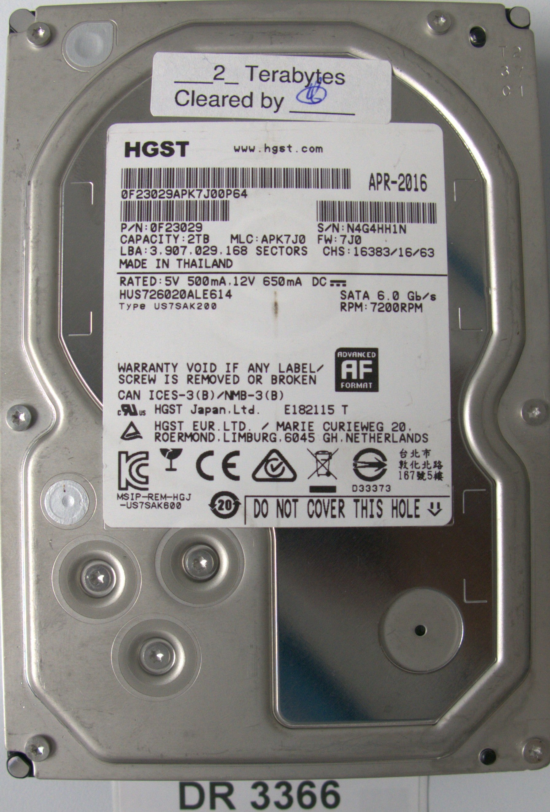 HUS726020ALE614, 2TB 3.5, PCB: 006-0A90446, SERIAL:N4G4HH1N