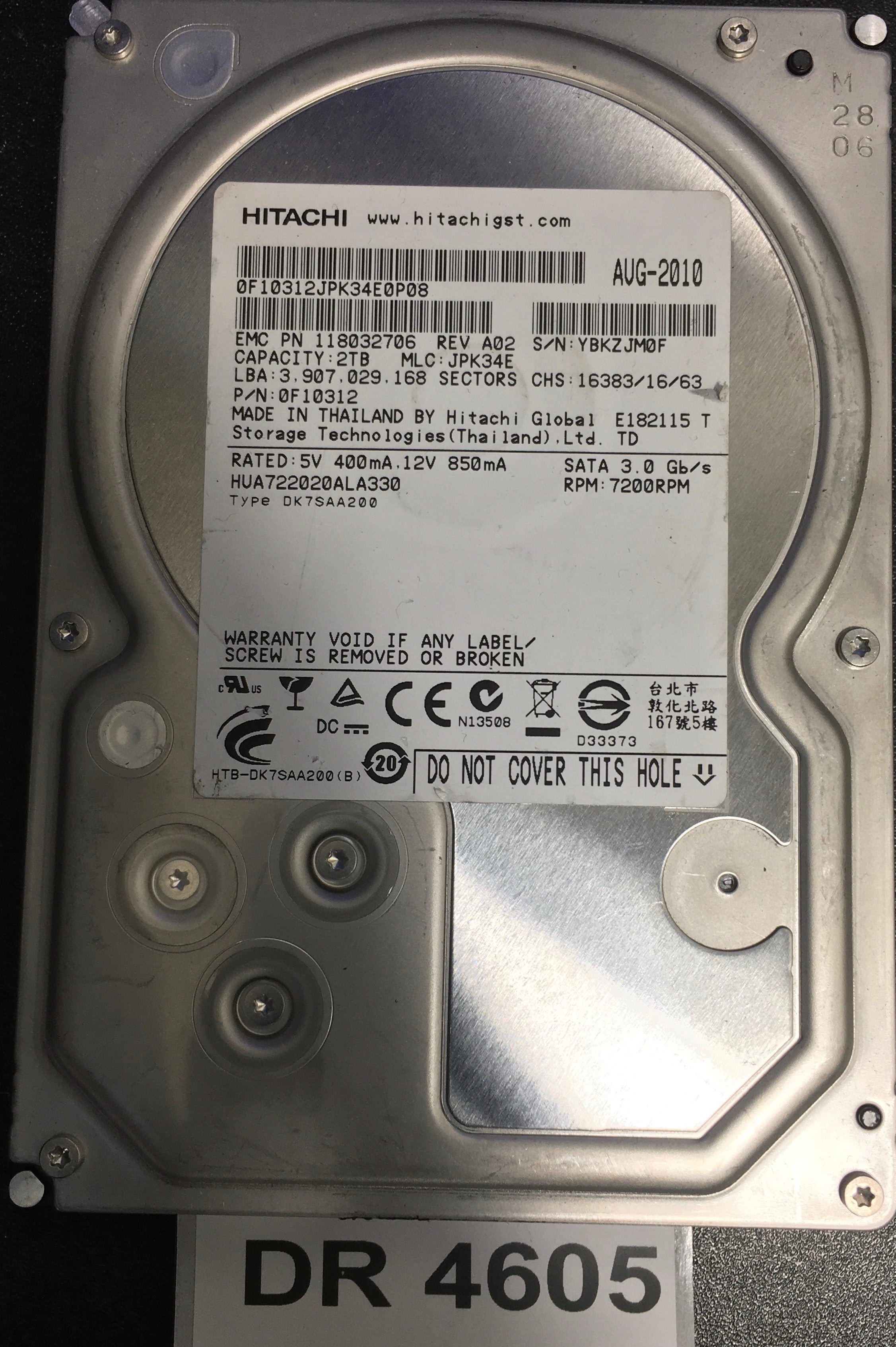 HUA722020ALA330,  P/N: 0F10312,  Serial: YBKZJM0F,  2000GB 3.5  PCB :110 0A90201 01- REV A